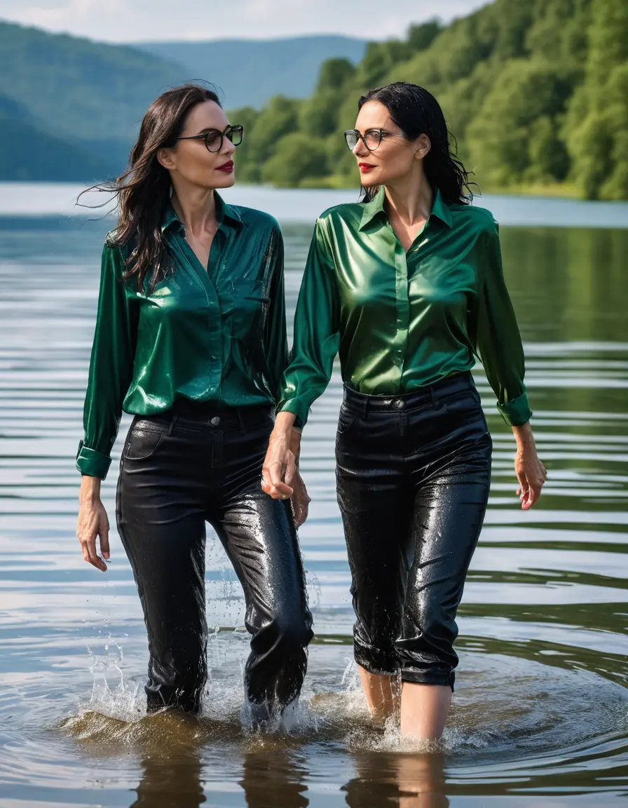 photo of young woman, in soaking wet, drenched clothes,
sneaker, black wet glistening office jeans trousers, green silk satin shirt, two mature women walking in sunny lake, sunny day, 
enjoying, wet clothes stuck to body,
detailed textures of the wet clothes, wet face, wet plastered hair,
wet, drenched, professional, high-quality details, full body view.
sharp focus, ultra-high pixel detail, realistic, high-quality, full colors, incredibly detailed, 4k, 8k, 16k, hyper-realistic, RAW photo, masterpiece, ultra-detailed, professionally color graded, professional photograph, woman 51 years old, black long hair, complete body, very big lips, office glasses, open mouth