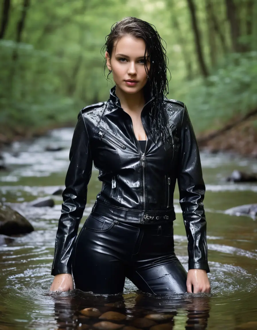 photo of young woman, in soaking wet, drenched clothes,
skin tight leather boots, black leather jeans, dripping wet black latex top with a black leather bikers jacket, playing in a fast flowing creek in the forrest, 
enjoying, wet clothes stuck to body,
detailed textures of the wet clothes, wet face, wet plastered hair,
wet, drenched, professional, high-quality details, full body view.
sharp focus, ultra-high pixel detail, realistic, high-quality, full colors, incredibly detailed, 4k, 8k, 16k, hyper-realistic, RAW photo, masterpiece, ultra-detailed, professionally color graded, professional photograph