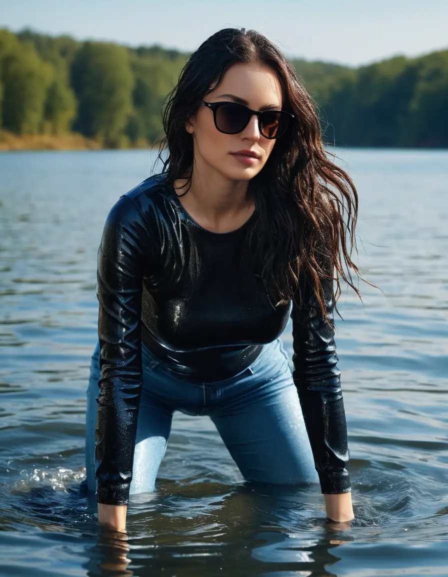 photo of young woman, in soaking wet, drenched clothes,
sneaker, long blue tight wet glistening high-waisted jeans, black sweater, swiming in sunny lake, under deep water, sunny day, 
enjoying, wet clothes stuck to body,
detailed textures of the wet clothes, wet face, wet plastered hair,
wet, drenched, professional, high-quality details, full body view.
sharp focus, ultra-high pixel detail, realistic, high-quality, full colors, incredibly detailed, 4k, 8k, 16k, hyper-realistic, RAW photo, masterpiece, ultra-detailed, professionally color graded, professional photograph, woman 51 years old, black long hair, complete body, office sun light glasses