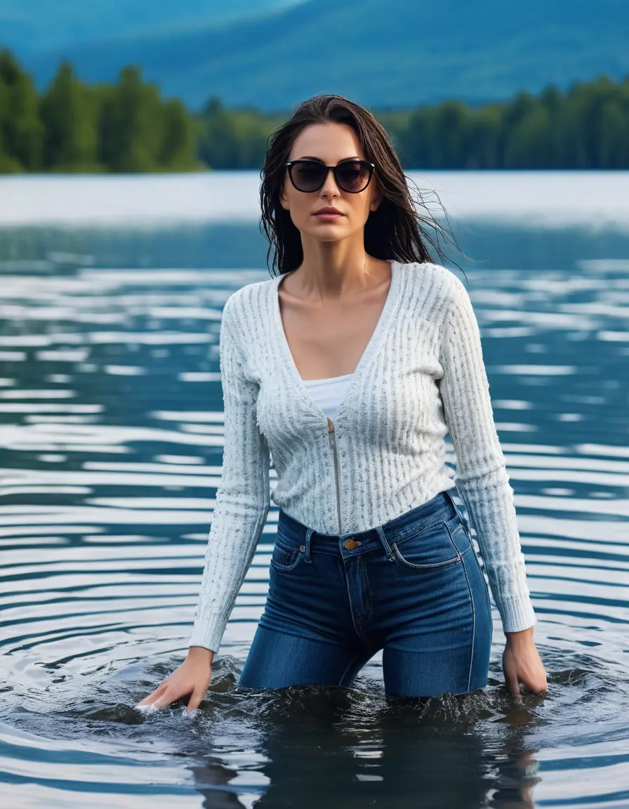 photo of young woman, in soaking wet, drenched clothes,
sneaker, long blue tight wet glistening high-waisted jeans, white sweater, swiming in sunny lake, under deep water, sunny day, 
enjoying, wet clothes stuck to body,
detailed textures of the wet clothes, wet face, wet plastered hair,
wet, drenched, professional, high-quality details, full body view.
sharp focus, ultra-high pixel detail, realistic, high-quality, full colors, incredibly detailed, 4k, 8k, 16k, hyper-realistic, RAW photo, masterpiece, ultra-detailed, professionally color graded, professional photograph, woman 51 years old, black long hair, complete body, office sun light glasses, open mouth