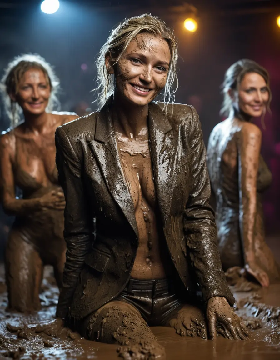 photo of young woman, in soaking wet, drenched clothes,
Black very high heels, Muddy long black suit trousers, Completely ruined and discoloured black muddy fully-opened unbuttoned blazer like a fancy uniform over topless with super large heavy muddy boobs, Muddy party in a dark muddy club. Mud splashed walls with mud-flooded floor. Dark mood lighting with pink and blue neon lights. Muddy furnitures and mud-covered sofas and chairs in the background., 
enjoying, wet clothes stuck to body,
detailed textures of the wet clothes, wet face, wet plastered hair,
wet, drenched, professional, high-quality details, full body view.
sharp focus, ultra-high pixel detail, realistic, high-quality, full colors, incredibly detailed, 4k, 8k, 16k, hyper-realistic, RAW photo, masterpiece, ultra-detailed, professionally color graded, professional photograph, Two elegant sixty years old skinny cute beautiful stunning blonde lesbian seductive tall business mature women are laying on each other in a mud-filled deep pool like crazy mud creatures and wallowing together during the indoor muddy disco and they are wearing their ruined clothes. Their expensive formal clothes are filled with mud and their boobs are totally mud-covered. Total muddy appearance. The classy elegant club is totally destroyed by mud, deep liquid mud on the floor, mud spots everywhere, mud flows down on the walls and mud on the furnitures in the background. Stylish straight very long hairstyle, muddy hair, smiling mudy faces, blue eyes. The women enjoying carefree to be muddy, be dirty and be naughty while they are enjoying the muddy fetish party. Realistic boobs, realistic huge saggy boobs and nipples and photorealistic detailed happy and satisfied facial expressions. Intimate close-up picture about the old women from above. High heels and trousers are visible on the photo. Close-up photo, highly realistic representation, ultra sharp focus, highly photorealistic detailed textures, highly photorealistic detailed facial features and expressions, highly photorealistic hands, highly emotional reactions, highly best quality, highly sharp photorealistic image, highly photorealistic details, full UHD resolution, 32 K, very high level of detail and image sharpness, zoomed in