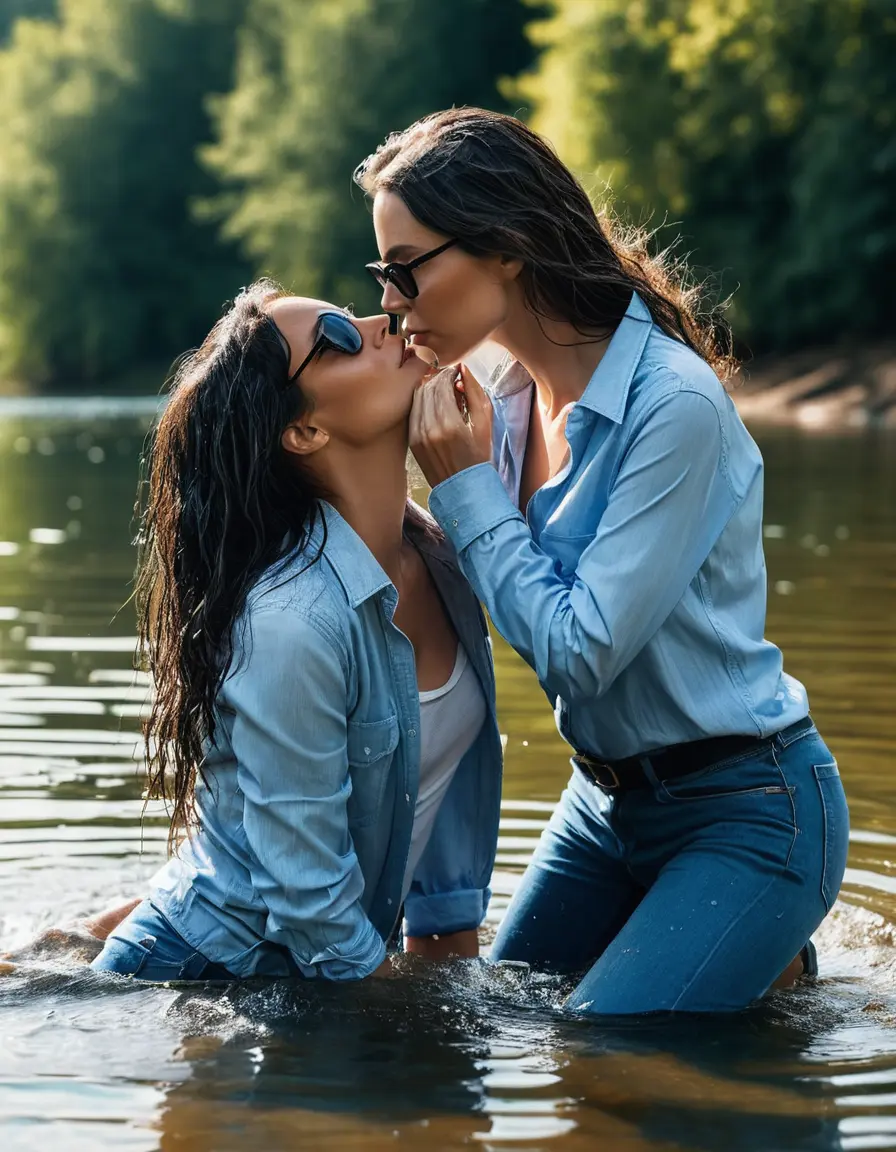 photo of young woman, in soaking wet, drenched clothes,
sneaker, light blue wet office jeans trousers, light blue jeans shirt with long sleeves, two women kissing in sunny lake, sunny day, 
enjoying, wet clothes stuck to body,
detailed textures of the wet clothes, wet face, wet plastered hair,
wet, drenched, professional, high-quality details, full body view.
sharp focus, ultra-high pixel detail, realistic, high-quality, full colors, incredibly detailed, 4k, 8k, 16k, hyper-realistic, RAW photo, masterpiece, ultra-detailed, professionally color graded, professional photograph, woman 51 years old, black long hair, complete body, very big lips, office sun light glasses, open mouth