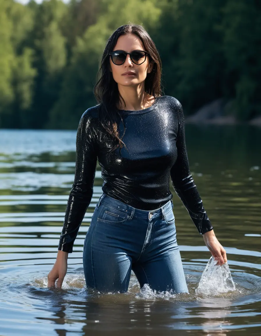 photo of young woman, in soaking wet, drenched clothes,
sneaker, long blue tight wet glistening high-waisted jeans, black sweater, swiming in sunny lake, under deep water, sunny day, 
enjoying, wet clothes stuck to body,
detailed textures of the wet clothes, wet face, wet plastered hair,
wet, drenched, professional, high-quality details, full body view.
sharp focus, ultra-high pixel detail, realistic, high-quality, full colors, incredibly detailed, 4k, 8k, 16k, hyper-realistic, RAW photo, masterpiece, ultra-detailed, professionally color graded, professional photograph, woman 51 years old, black long hair, complete body, office sun light glasses, open mouth