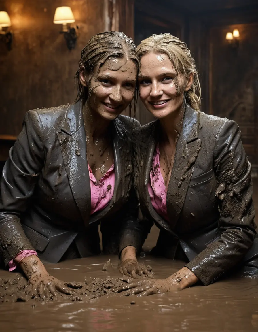 photo of young woman, in soaking wet, drenched clothes,
Black very high heels, Muddy long black suit trousers, Completely ruined and discoloured black muddy fully opened blazer like a fancy uniform over topless with large heavy muddy boobs, Muddy party in a dark muddy club. Mud splashed walls with mud-flooded floor. Dark mood lighting with pink and blue neon lights. Muddy furnitures and mud-covered sofas and chairs in the background., 
enjoying, wet clothes stuck to body,
detailed textures of the wet clothes, wet face, wet plastered hair,
wet, drenched, professional, high-quality details, full body view.
sharp focus, ultra-high pixel detail, realistic, high-quality, full colors, incredibly detailed, 4k, 8k, 16k, hyper-realistic, RAW photo, masterpiece, ultra-detailed, professionally color graded, professional photograph, Two elegant sixty years old skinny cute beautiful stunning blonde lesbian seductive tall business mature women are kissing carefree in a mud-filled jacuzzi close to each other like crazy mud creatures during the indoor muddy disco and wearing their ruined clothes. Their expensive formal clothes are filled with mud and totally mud-covered. Total muddy appearance. The classy elegant club is totally destroyed by mud, deep liquid mud on the floor, mud spots everywhere, mud flows down on the walls and mud on the furnitures in the background. Stylish straight very long hairstyle, muddy hair, smiling mudy faces, blue eyes. The women enjoying to be muddy, be dirty and be sexy while they are enjoying the muddy fetish party. Realistic boobs, realistic huge saggy boobs and nipples and photorealistic detailed happy and satisfied facial expressions. Intimate close-up picture about the old women from above. High heels and trousers are visible on the photo. Close-up photo, highly realistic representation, ultra sharp focus, highly photorealistic detailed textures, highly photorealistic detailed facial features and expressions, highly photorealistic hands, highly emotional reactions, highly best quality, highly sharp photorealistic image, highly photorealistic details, full UHD resolution, 32 K, very high level of detail and image sharpness, zoomed in