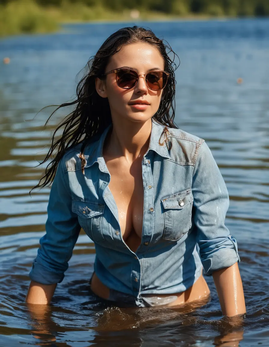 photo of young woman, in soaking wet, drenched clothes,
sneaker, light brown tight wet glistening high-waisted jeans, light blue jeans shirt, swiming in sunny lake, under deep water, sunny day, 
enjoying, wet clothes stuck to body,
detailed textures of the wet clothes, wet face, wet plastered hair,
wet, drenched, professional, high-quality details, full body view.
sharp focus, ultra-high pixel detail, realistic, high-quality, full colors, incredibly detailed, 4k, 8k, 16k, hyper-realistic, RAW photo, masterpiece, ultra-detailed, professionally color graded, professional photograph, woman 51 years old, black long hair, complete body, office sun light glasses
