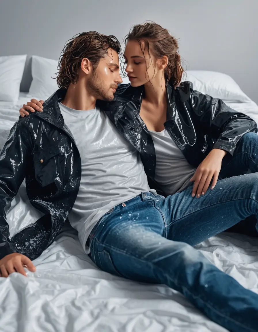 photo of young woman, in soaking wet, drenched clothes,
Jeans, Man Lay in a bed , 
enjoying, wet clothes stuck to body,
detailed textures of the wet clothes, wet face, wet plastered hair,
wet, drenched, professional, high-quality details, full body view.
sharp focus, ultra-high pixel detail, realistic, high-quality, full colors, incredibly detailed, 4k, 8k, 16k, hyper-realistic, RAW photo, masterpiece, ultra-detailed, professionally color graded, professional photograph