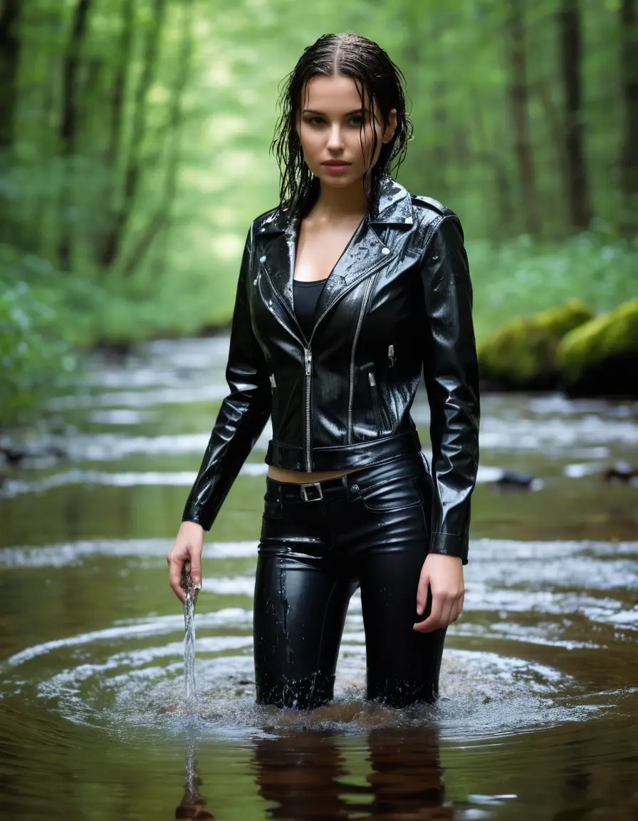 photo of young woman, in soaking wet, drenched clothes,
skin tight leather boots, black leather jeans, dripping wet black latex top with a black leather bikers jacket, playing in a fast flowing creek in the forrest, 
enjoying, wet clothes stuck to body,
detailed textures of the wet clothes, wet face, wet plastered hair,
wet, drenched, professional, high-quality details, full body view.
sharp focus, ultra-high pixel detail, realistic, high-quality, full colors, incredibly detailed, 4k, 8k, 16k, hyper-realistic, RAW photo, masterpiece, ultra-detailed, professionally color graded, professional photograph