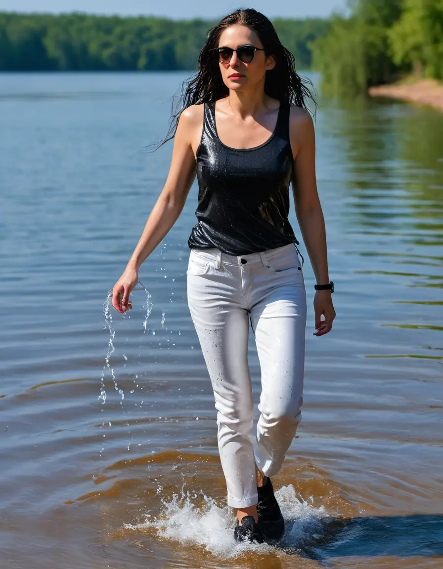 photo of young woman, in soaking wet, drenched clothes,
sneaker, white wet glistening office jeans trousers, black tank top, walking in sunny lake, sunny day, 
enjoying, wet clothes stuck to body,
detailed textures of the wet clothes, wet face, wet plastered hair,
wet, drenched, professional, high-quality details, full body view.
sharp focus, ultra-high pixel detail, realistic, high-quality, full colors, incredibly detailed, 4k, 8k, 16k, hyper-realistic, RAW photo, masterpiece, ultra-detailed, professionally color graded, professional photograph, woman 51 years old, black long hair, complete body, very big lips, office sun light glasses, open mouth