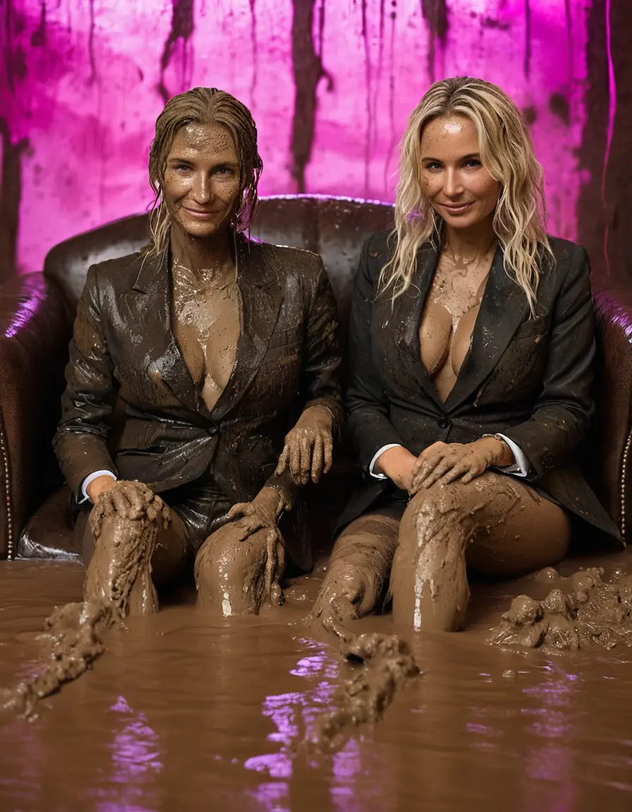 photo of young woman, in soaking wet, drenched clothes,
Black very high heels, Muddy long black suit trousers, Totally trashed and discoloured black muddy blazer like a fancy uniform over topless with huge muddy boobs, Muddy party in a dark muddy club. Mud splashed walls with mud-flooded floor. Dark mood lighting with pink and blue neon lights. Muddy furnitures and mud-covered sofas and chairs in the background., 
enjoying, wet clothes stuck to body,
detailed textures of the wet clothes, wet face, wet plastered hair,
wet, drenched, professional, high-quality details, full body view.
sharp focus, ultra-high pixel detail, realistic, high-quality, full colors, incredibly detailed, 4k, 8k, 16k, hyper-realistic, RAW photo, masterpiece, ultra-detailed, professionally color graded, professional photograph, Two elegant sixty years old skinny cute beautiful stunning blonde lesbian seductive tall business mature women are sitting in a mud-filled jacuzzi close to each other during the indoor muddy disco. Their expensive formal clothes are filled with mud and totally mud-covered. Total muddy appearance. The classy elegant club is totally destroyed by mud, deep liquid mud on the floor and on the couch, mud spots everywhere, mud flows down on the walls and mud on the furnitures in the background. Stylish straight long hairstyle, muddy hair, smiling mudy faces, blue eyes. The women enjoying to be muddy, be dirty and be sexy while they are enjoying the muddy fetish party. Realistic boobs, realistic huge saggy boobs and nipples and photorealistic detailed happy and satisfied facial expressions. Intimate close-up picture about the old women from above. High heels and trousers are visible on the photo. Close-up photo, highly realistic representation, ultra sharp focus, highly photorealistic detailed textures, highly photorealistic detailed facial features and expressions, highly photorealistic hands, highly emotional reactions, highly best quality, highly sharp photorealistic image, highly photorealistic details, full UHD resolution, 32 K, very high level of detail and image sharpness, zoomed in