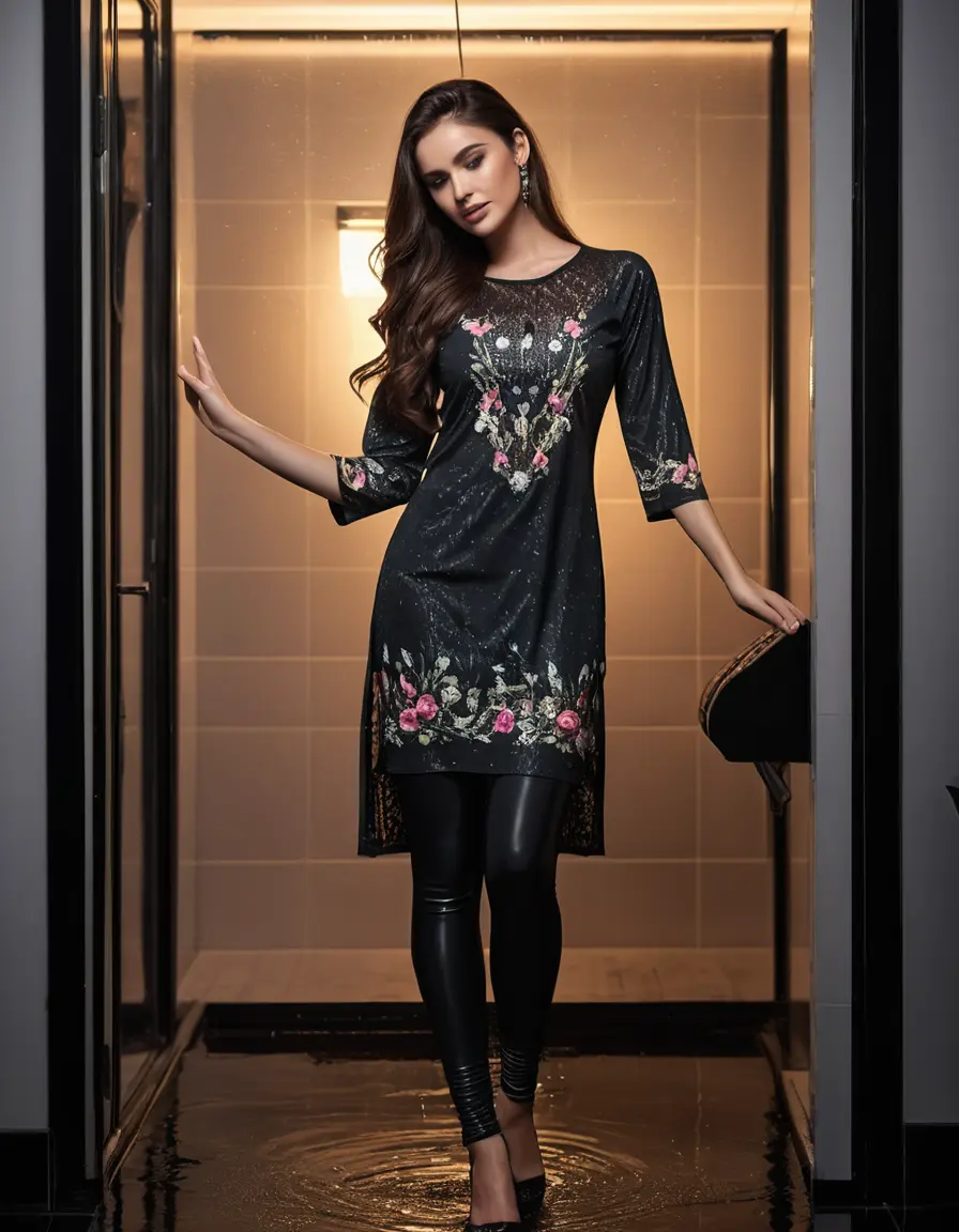 photo of young woman, in soaking wet, drenched clothes,
Very High heels, Legging  , Skin tight Cotton round neck open kurti with embroidery designs, half sleeve, transparent , ,Women in luxury bathroom with ambient and mood lights,super close up, 
enjoying, wet clothes stuck to body,
detailed textures of the wet clothes, wet face, wet plastered hair,
wet, drenched, professional, high-quality details, full body view.
sharp focus, ultra-high pixel detail, realistic, high-quality, full colors, incredibly detailed, 4k, 8k, 16k, hyper-realistic, RAW photo, masterpiece, ultra-detailed, professionally color graded, professional photograph,  Stylish Straight open hairstyle , fully dark  , black straight hair, campfire , huge thick ass, clevage , thin chain on neck, no hair part, wearing a simple wrist watch 
