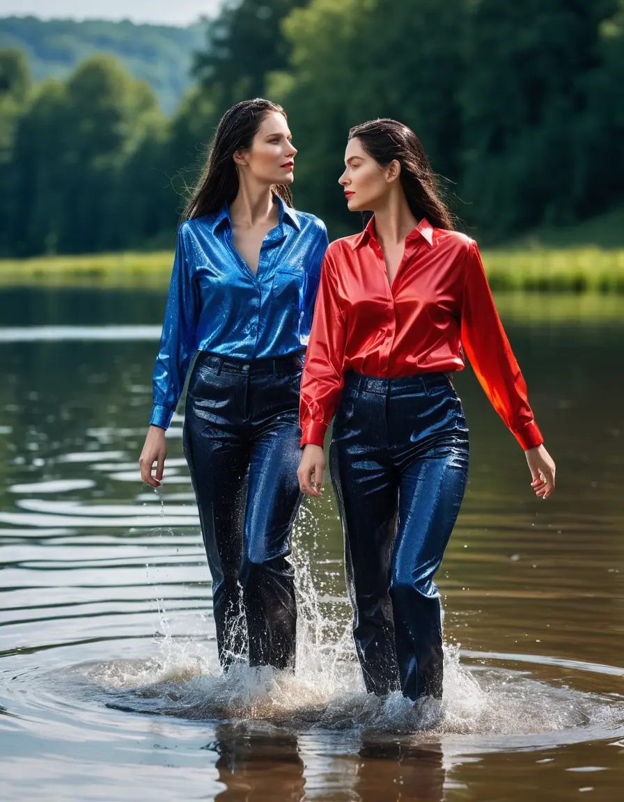 photo of young woman, in soaking wet, drenched clothes,
sneaker, blue  wet glistening office jeans trousers, red silk satin shirt, two women walking in sunny lake, sunny day, 
enjoying, wet clothes stuck to body,
detailed textures of the wet clothes, wet face, wet plastered hair,
wet, drenched, professional, high-quality details, full body view.
sharp focus, ultra-high pixel detail, realistic, high-quality, full colors, incredibly detailed, 4k, 8k, 16k, hyper-realistic, RAW photo, masterpiece, ultra-detailed, professionally color graded, professional photograph, woman 51 years old, black long hair, complete body, very big lips,, open mouth