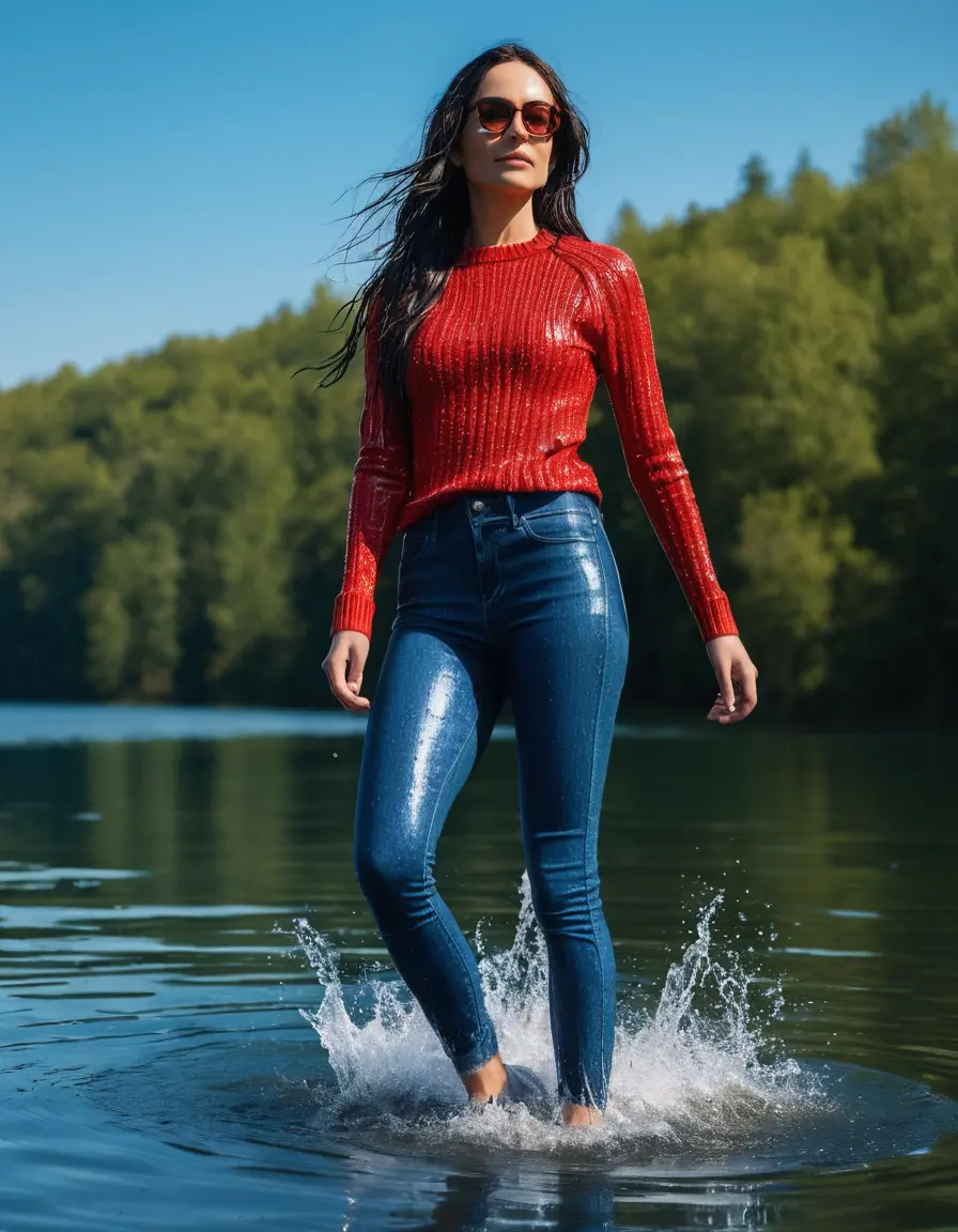 photo of young woman, in soaking wet, drenched clothes,
sneaker, long blue tight wet glistening high-waisted jeans, red sweater, swiming in sunny lake, under deep water, sunny day, 
enjoying, wet clothes stuck to body,
detailed textures of the wet clothes, wet face, wet plastered hair,
wet, drenched, professional, high-quality details, full body view.
sharp focus, ultra-high pixel detail, realistic, high-quality, full colors, incredibly detailed, 4k, 8k, 16k, hyper-realistic, RAW photo, masterpiece, ultra-detailed, professionally color graded, professional photograph, woman 51 years old, black long hair, complete body, office sun light glasses