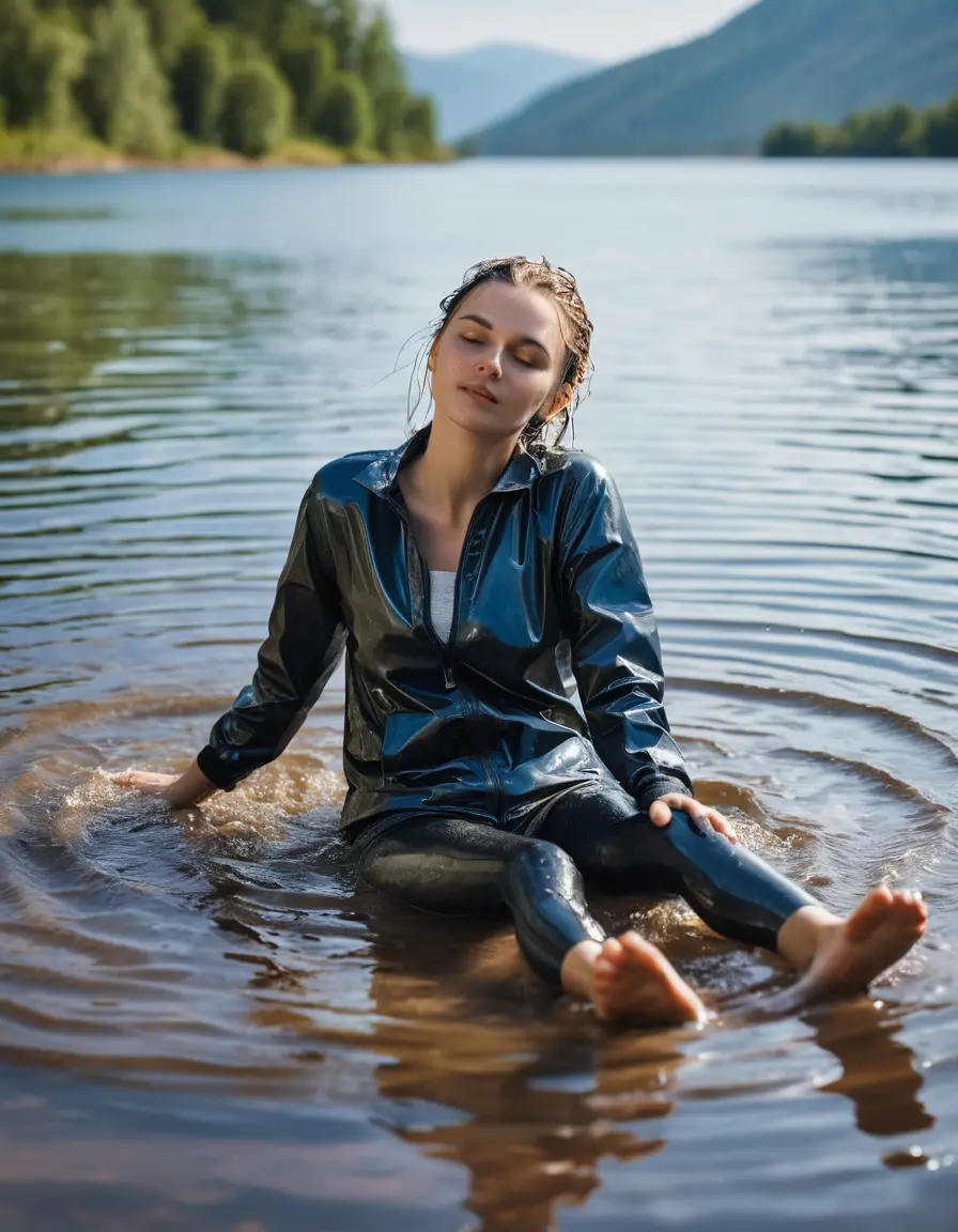 photo of young woman, in soaking wet, drenched clothes,
Thin socks, Wet Leggings, sopping, Thin, short, Woman lay in a lake, sunny day, 
enjoying, wet clothes stuck to body,
detailed textures of the wet clothes, wet face, wet plastered hair,
wet, drenched, professional, high-quality details, full body view.
sharp focus, ultra-high pixel detail, realistic, high-quality, full colors, incredibly detailed, 4k, 8k, 16k, hyper-realistic, RAW photo, masterpiece, ultra-detailed, professionally color graded, professional photograph, sopping