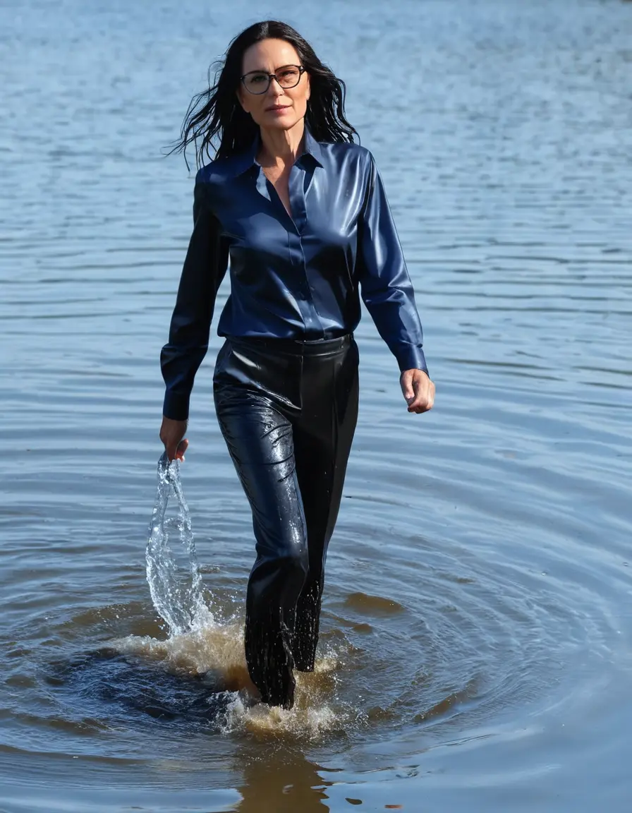 photo of young woman, in soaking wet, drenched clothes,
sneaker, black wet glistening office trousers, dark blue silk satin shirt, mature woman walking in sunny lake, sunny day, 
enjoying, wet clothes stuck to body,
detailed textures of the wet clothes, wet face, wet plastered hair,
wet, drenched, professional, high-quality details, full body view.
sharp focus, ultra-high pixel detail, realistic, high-quality, full colors, incredibly detailed, 4k, 8k, 16k, hyper-realistic, RAW photo, masterpiece, ultra-detailed, professionally color graded, professional photograph, woman 51 years old, black long hair, complete body, very big thin lips, office glasses, open mouth