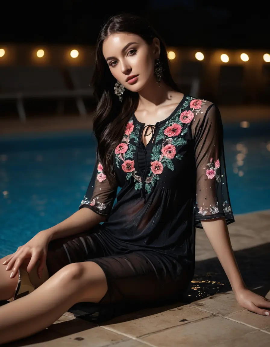 photo of young woman, in soaking wet, drenched clothes,
Very High heels, Chiffon Pants, Skin tight Cotton round neck open kurti with embroidery designs, half sleeve, transparent , ,Women in lying in luxury pool with ambient and mood lights,super close up, 
enjoying, wet clothes stuck to body,
detailed textures of the wet clothes, wet face, wet plastered hair,
wet, drenched, professional, high-quality details, full body view.
sharp focus, ultra-high pixel detail, realistic, high-quality, full colors, incredibly detailed, 4k, 8k, 16k, hyper-realistic, RAW photo, masterpiece, ultra-detailed, professionally color graded, professional photograph,  Stylish Straight open hairstyle , fully dark  , black straight hair, campfire , huge thick ass, clevage , thin chain on neck, no hair part, wearing a simple wrist watch 
