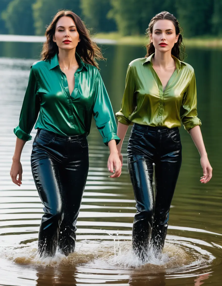 photo of young woman, in soaking wet, drenched clothes,
sneaker, black wet glistening office jeans trousers, green silk satin shirt, two women walking in sunny lake, sunny day, 
enjoying, wet clothes stuck to body,
detailed textures of the wet clothes, wet face, wet plastered hair,
wet, drenched, professional, high-quality details, full body view.
sharp focus, ultra-high pixel detail, realistic, high-quality, full colors, incredibly detailed, 4k, 8k, 16k, hyper-realistic, RAW photo, masterpiece, ultra-detailed, professionally color graded, professional photograph, woman 51 years old, black long hair, complete body, very big lips, s, open mouth