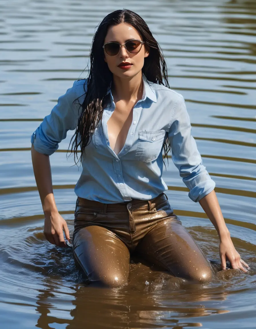 photo of young woman, in soaking wet, drenched clothes,
sneaker, light brown tight wet glistening office jeans trousers, light blue jeans shirt, swiming in sunny lake, in deep water, sunny day, 
enjoying, wet clothes stuck to body,
detailed textures of the wet clothes, wet face, wet plastered hair,
wet, drenched, professional, high-quality details, full body view.
sharp focus, ultra-high pixel detail, realistic, high-quality, full colors, incredibly detailed, 4k, 8k, 16k, hyper-realistic, RAW photo, masterpiece, ultra-detailed, professionally color graded, professional photograph, woman 51 years old, black long hair, complete body, very big black lips, office sun light glasses, open mouth
