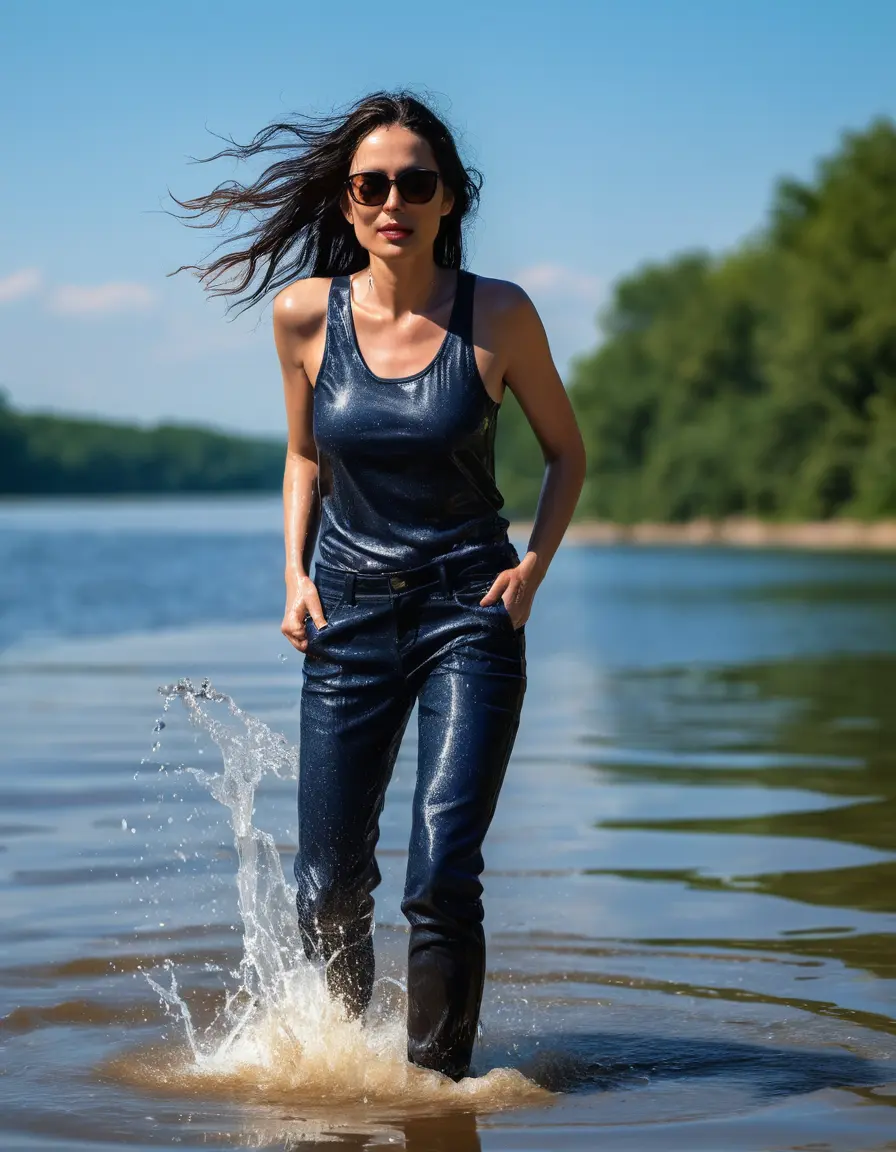 photo of young woman, in soaking wet, drenched clothes,
sneaker, dark blue wet glistening office jeans trousers, black tank top, walking in sunny lake, sunny day, 
enjoying, wet clothes stuck to body,
detailed textures of the wet clothes, wet face, wet plastered hair,
wet, drenched, professional, high-quality details, full body view.
sharp focus, ultra-high pixel detail, realistic, high-quality, full colors, incredibly detailed, 4k, 8k, 16k, hyper-realistic, RAW photo, masterpiece, ultra-detailed, professionally color graded, professional photograph, woman 51 years old, black long hair, complete body, very big lips, office sun light glasses, open mouth