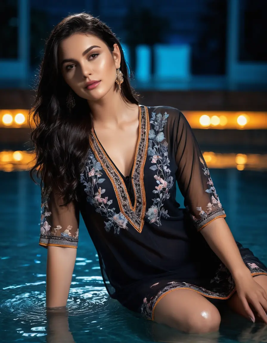 photo of young woman, in soaking wet, drenched clothes,
Very High heels, Chiffon Pants, Skin tight Cotton round neck open kurti with embroidery designs, half sleeve, transparent , ,Women in lying in luxury pool with ambient and mood lights,super close up, 
enjoying, wet clothes stuck to body,
detailed textures of the wet clothes, wet face, wet plastered hair,
wet, drenched, professional, high-quality details, full body view.
sharp focus, ultra-high pixel detail, realistic, high-quality, full colors, incredibly detailed, 4k, 8k, 16k, hyper-realistic, RAW photo, masterpiece, ultra-detailed, professionally color graded, professional photograph,  Stylish Straight open hairstyle , fully dark  , black straight hair, campfire , huge thick ass, clevage , thin chain on neck, no hair part, wearing a simple wrist watch 
