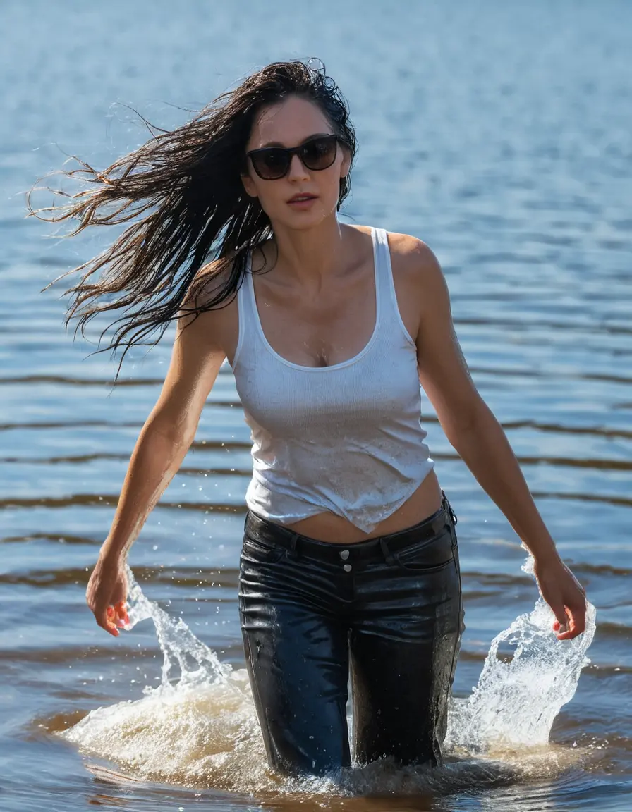 photo of young woman, in soaking wet, drenched clothes,
sneaker, black wet glistening office jeans trousers, white tank top, walking in sunny lake, sunny day, 
enjoying, wet clothes stuck to body,
detailed textures of the wet clothes, wet face, wet plastered hair,
wet, drenched, professional, high-quality details, full body view.
sharp focus, ultra-high pixel detail, realistic, high-quality, full colors, incredibly detailed, 4k, 8k, 16k, hyper-realistic, RAW photo, masterpiece, ultra-detailed, professionally color graded, professional photograph, woman 51 years old, black long hair, complete body, very big lips, office sun light glasses, open mouth