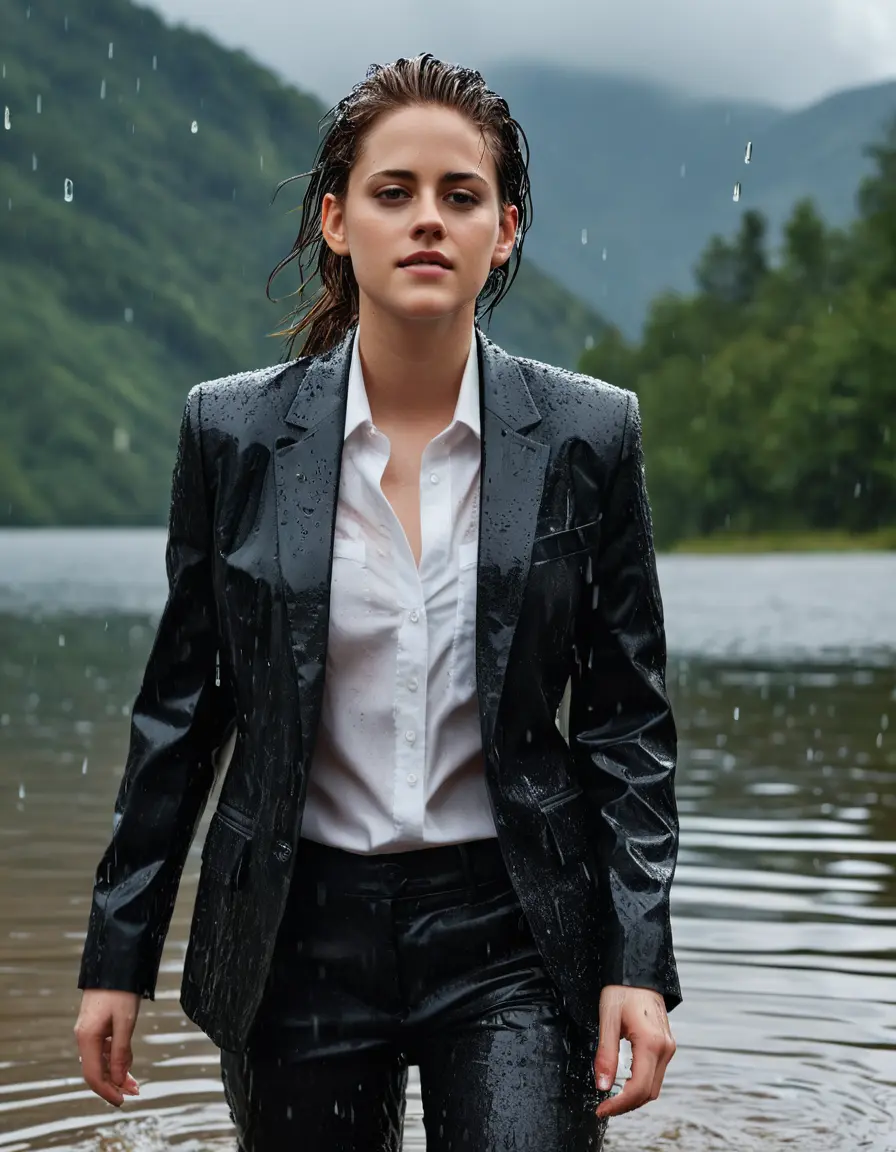 photo of young woman, in soaking wet, drenched clothes,
Black Business Trouser, Black Business Suit Jacket with white button down long sleeve business Shirt, Clear deep Mountain Lake, heavy rain, 
enjoying, wet clothes stuck to body,
detailed textures of the wet clothes, wet face, wet plastered hair,
wet, drenched, professional, high-quality details, full body view.
sharp focus, ultra-high pixel detail, realistic, high-quality, full colors, incredibly detailed, 4k, 8k, 16k, hyper-realistic, RAW photo, masterpiece, ultra-detailed, professionally color graded, professional photograph, Kristen Stewart, completely soaked, fully drenched, completely wet, wetlook, heavy rain, she smiles, side parting, open hair, rain storm, heavy rain, she swimms in water
