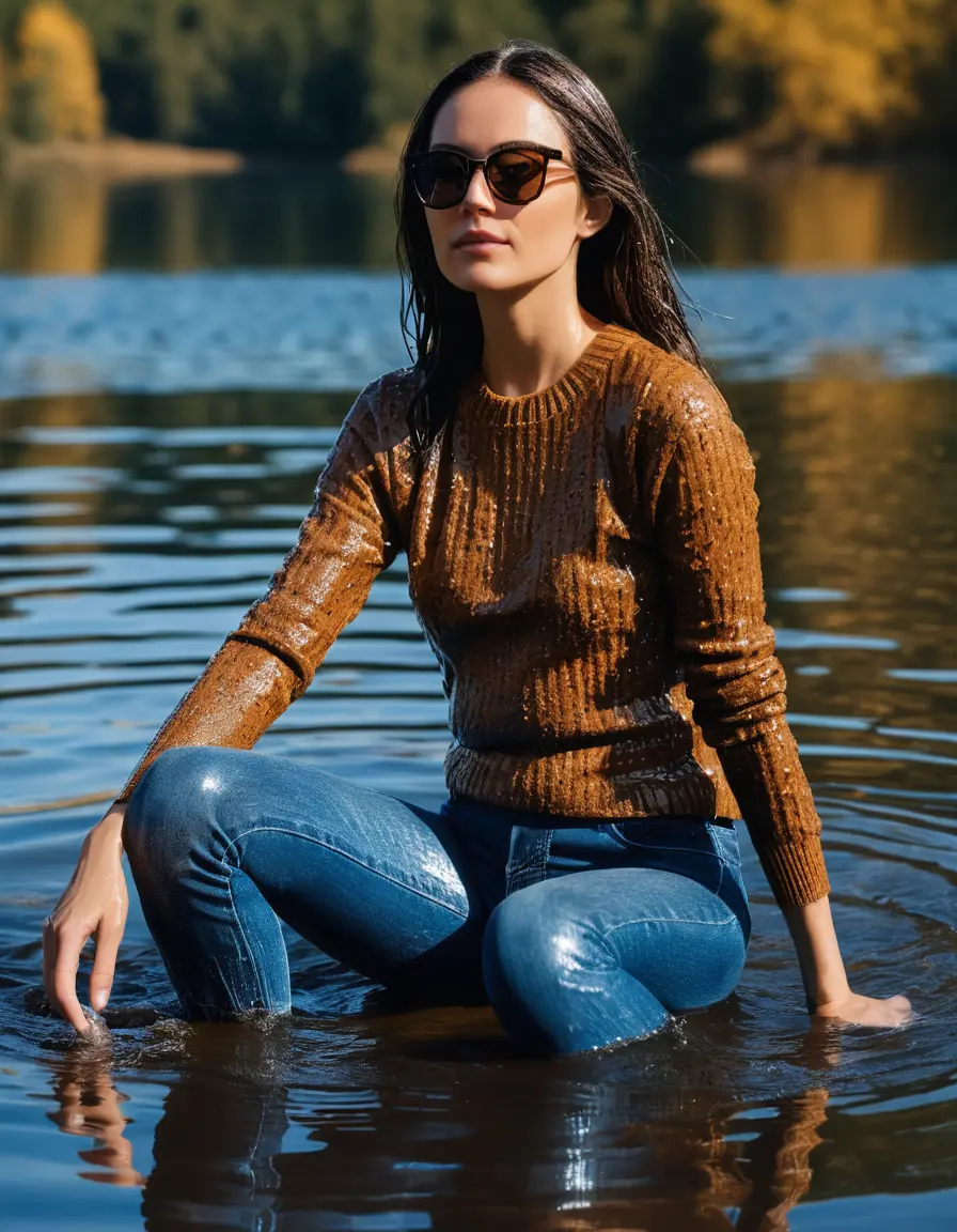 photo of young woman, in soaking wet, drenched clothes,
sneaker, long blue tight wet glistening high-waisted jeans, brown sweater, swiming in sunny lake, under deep water, sunny day, 
enjoying, wet clothes stuck to body,
detailed textures of the wet clothes, wet face, wet plastered hair,
wet, drenched, professional, high-quality details, full body view.
sharp focus, ultra-high pixel detail, realistic, high-quality, full colors, incredibly detailed, 4k, 8k, 16k, hyper-realistic, RAW photo, masterpiece, ultra-detailed, professionally color graded, professional photograph, woman 51 years old, black long hair, complete body, office sun light glasses