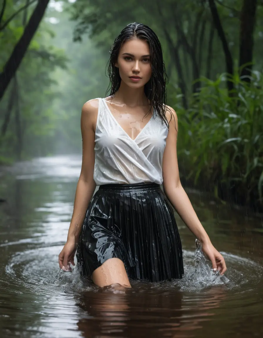 photo of young woman, in soaking wet, drenched clothes,
white stiletto heels, Black silk pleated skirt, wet see-through tight white tanktop, swamp, heavy Rain, 
enjoying, wet clothes stuck to body,
detailed textures of the wet clothes, wet face, wet plastered hair,
wet, drenched, professional, high-quality details, full body view.
sharp focus, ultra-high pixel detail, realistic, high-quality, full colors, incredibly detailed, 4k, 8k, 16k, hyper-realistic, RAW photo, masterpiece, ultra-detailed, professionally color graded, professional photograph, HDR10, high resolution, blond long hair