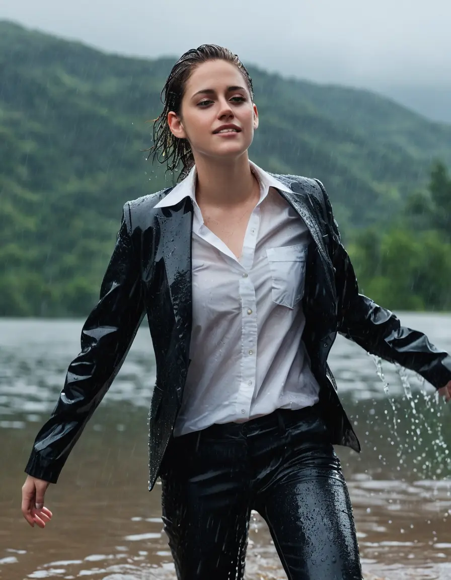 photo of young woman, in soaking wet, drenched clothes,
Black Business Trouser, Black Business Suit Jacket with white button down long sleeve business Shirt, Clear deep Mountain Lake, heavy rain, 
enjoying, wet clothes stuck to body,
detailed textures of the wet clothes, wet face, wet plastered hair,
wet, drenched, professional, high-quality details, full body view.
sharp focus, ultra-high pixel detail, realistic, high-quality, full colors, incredibly detailed, 4k, 8k, 16k, hyper-realistic, RAW photo, masterpiece, ultra-detailed, professionally color graded, professional photograph, Kristen Stewart, completely soaked, fully drenched, completely wet, wetlook, heavy rain, she smiles, side parting, open hair, rain storm, heavy rain, she swimms in water