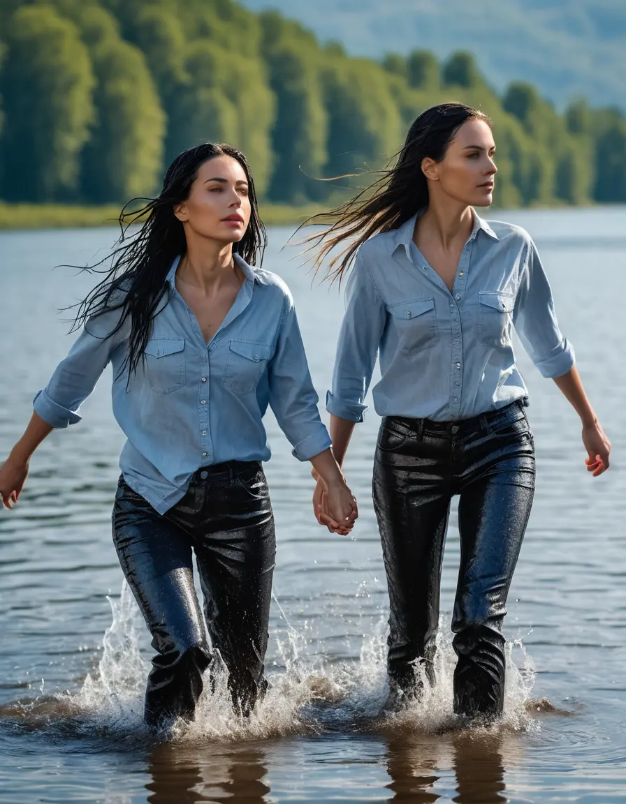 photo of young woman, in soaking wet, drenched clothes,
sneaker, black wet glistening office jeans trousers, light blue jeans shirt, two women walking in sunny lake, sunny day, 
enjoying, wet clothes stuck to body,
detailed textures of the wet clothes, wet face, wet plastered hair,
wet, drenched, professional, high-quality details, full body view.
sharp focus, ultra-high pixel detail, realistic, high-quality, full colors, incredibly detailed, 4k, 8k, 16k, hyper-realistic, RAW photo, masterpiece, ultra-detailed, professionally color graded, professional photograph, woman 51 years old, black long hair, complete body, very big lips, , open mouth
