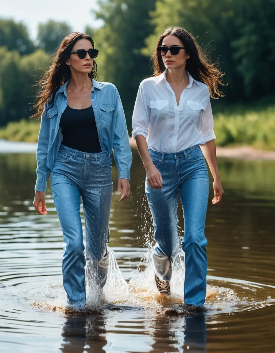 photo of young woman, in soaking wet, drenched clothes,
sneaker, light blue wet glistening office jeans trousers, light blue jeans shirt, two women walking in sunny lake, sunny day, 
enjoying, wet clothes stuck to body,
detailed textures of the wet clothes, wet face, wet plastered hair,
wet, drenched, professional, high-quality details, full body view.
sharp focus, ultra-high pixel detail, realistic, high-quality, full colors, incredibly detailed, 4k, 8k, 16k, hyper-realistic, RAW photo, masterpiece, ultra-detailed, professionally color graded, professional photograph, woman 51 years old, black long hair, complete body, very big lips, office sun light glasses, open mouth