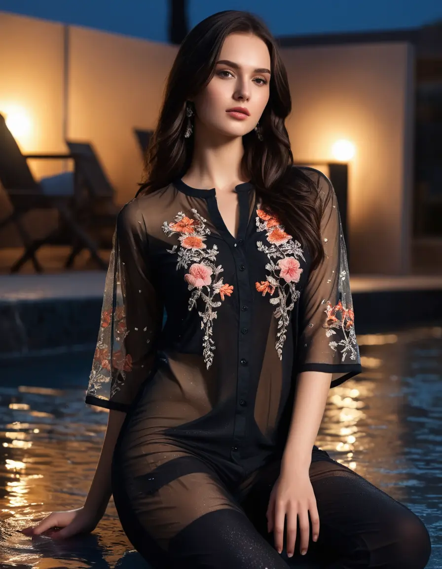 photo of young woman, in soaking wet, drenched clothes,
Very High heels, Chiffon Pants, Skin tight Cotton round neck open kurti with embroidery designs, half sleeve, transparent , ,Women lay flat down in luxury terrace with ambient and mood lights,super close up, 
enjoying, wet clothes stuck to body,
detailed textures of the wet clothes, wet face, wet plastered hair,
wet, drenched, professional, high-quality details, full body view.
sharp focus, ultra-high pixel detail, realistic, high-quality, full colors, incredibly detailed, 4k, 8k, 16k, hyper-realistic, RAW photo, masterpiece, ultra-detailed, professionally color graded, professional photograph,  Stylish Straight open hairstyle , fully dark  , black straight hair, campfire , huge thick ass, clevage , thin chain on neck, no hair part, wearing a simple wrist watch 
