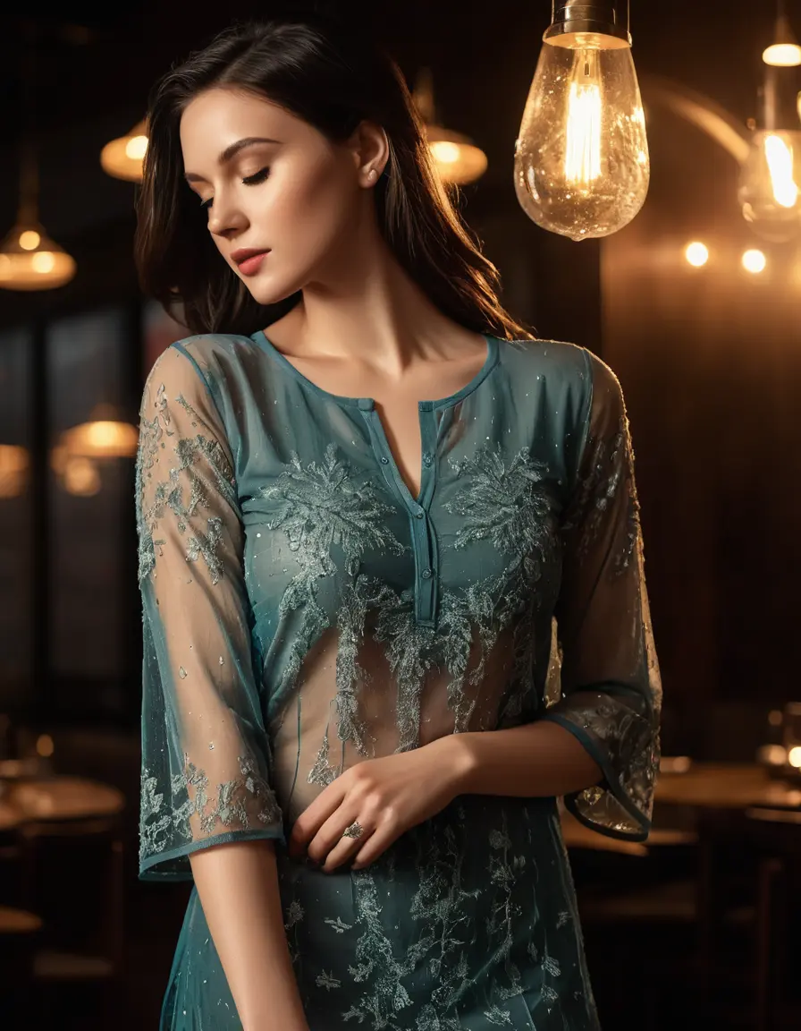 photo of young woman, in soaking wet, drenched clothes,
Very High heels, Chiffon Pants, Skin tight Cotton round neck  kurta with embroidery designs, half sleeve, transparent , ,Women in luxury restaurant with ambient and mood lights,super close up, women seducing each other , 
enjoying, wet clothes stuck to body,
detailed textures of the wet clothes, wet face, wet plastered hair,
wet, drenched, professional, high-quality details, full body view.
sharp focus, ultra-high pixel detail, realistic, high-quality, full colors, incredibly detailed, 4k, 8k, 16k, hyper-realistic, RAW photo, masterpiece, ultra-detailed, professionally color graded, professional photograph,  Stylish Straight open hairstyle , fully dark  , black straight hair, campfire , huge thick ass, clevage , thin chain on neck, no hair part, wearing a simple wrist watch , jumping 
