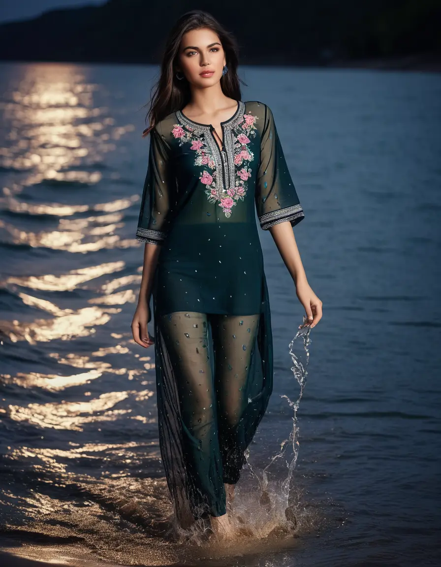 photo of young woman, in soaking wet, drenched clothes,
Very High heels, Chiffon Pants, Skin tight Cotton round neck open kurti with embroidery designs, half sleeve, transparent , ,Women in luxury sea with ambient and mood lights,super close up, 
enjoying, wet clothes stuck to body,
detailed textures of the wet clothes, wet face, wet plastered hair,
wet, drenched, professional, high-quality details, full body view.
sharp focus, ultra-high pixel detail, realistic, high-quality, full colors, incredibly detailed, 4k, 8k, 16k, hyper-realistic, RAW photo, masterpiece, ultra-detailed, professionally color graded, professional photograph,  Stylish Straight open hairstyle , fully dark  , black straight hair, campfire , huge thick ass, clevage , thin chain on neck, no hair part, wearing a simple wrist watch , jumping 
