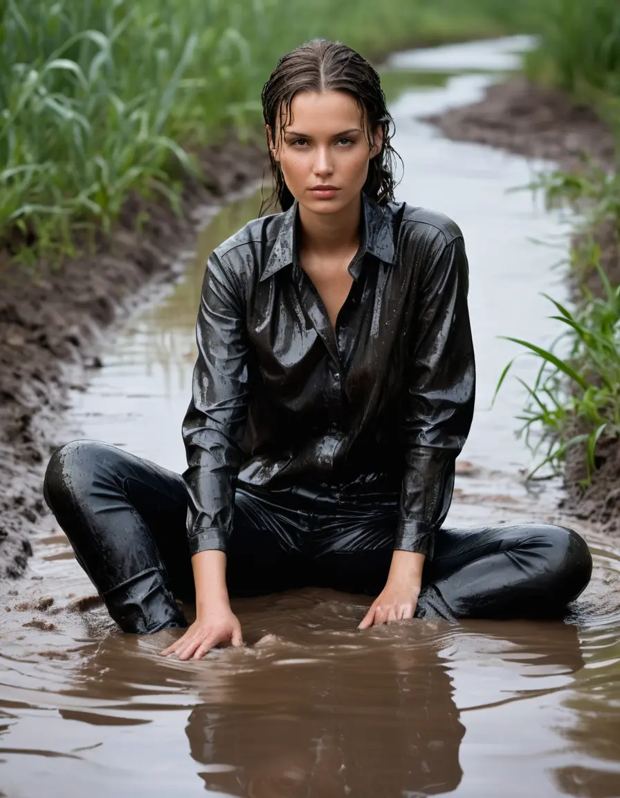 photo of young woman, in soaking wet, drenched clothes,
skin tight leather boots, black leather jeans, oversize black button up silk shirt, mud canal, laying, mud stained shirt, 
enjoying, wet clothes stuck to body,
detailed textures of the wet clothes, wet face, wet plastered hair,
wet, drenched, professional, high-quality details, full body view.
sharp focus, ultra-high pixel detail, realistic, high-quality, full colors, incredibly detailed, 4k, 8k, 16k, hyper-realistic, RAW photo, masterpiece, ultra-detailed, professionally color graded, professional photograph