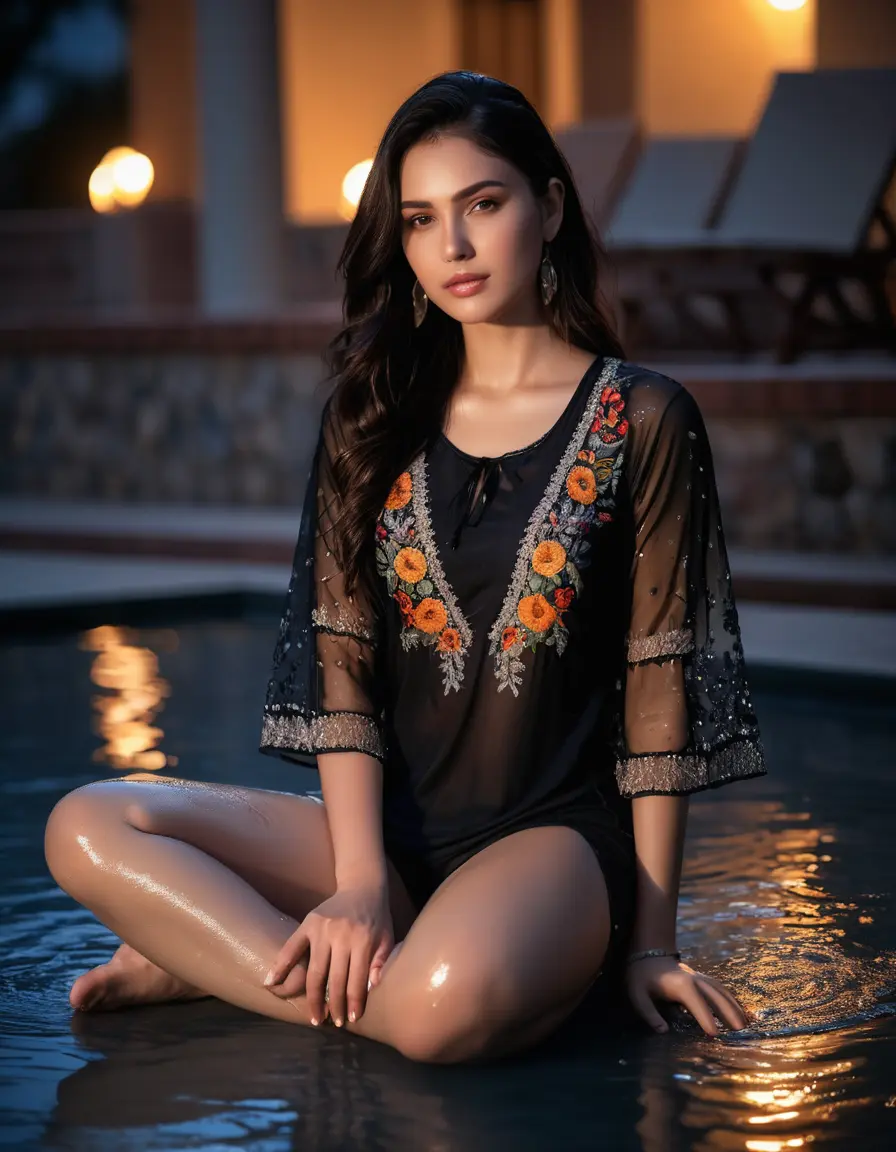 photo of young woman, in soaking wet, drenched clothes,
Very High heels, Chiffon Pants, Skin tight Cotton round neck open kurti with embroidery designs, half sleeve, transparent , ,Women lie down in luxury terrace with ambient and mood lights,super close up, 
enjoying, wet clothes stuck to body,
detailed textures of the wet clothes, wet face, wet plastered hair,
wet, drenched, professional, high-quality details, full body view.
sharp focus, ultra-high pixel detail, realistic, high-quality, full colors, incredibly detailed, 4k, 8k, 16k, hyper-realistic, RAW photo, masterpiece, ultra-detailed, professionally color graded, professional photograph,  Stylish Straight open hairstyle , fully dark  , black straight hair, campfire , huge thick ass, clevage , thin chain on neck, no hair part, wearing a simple wrist watch 
