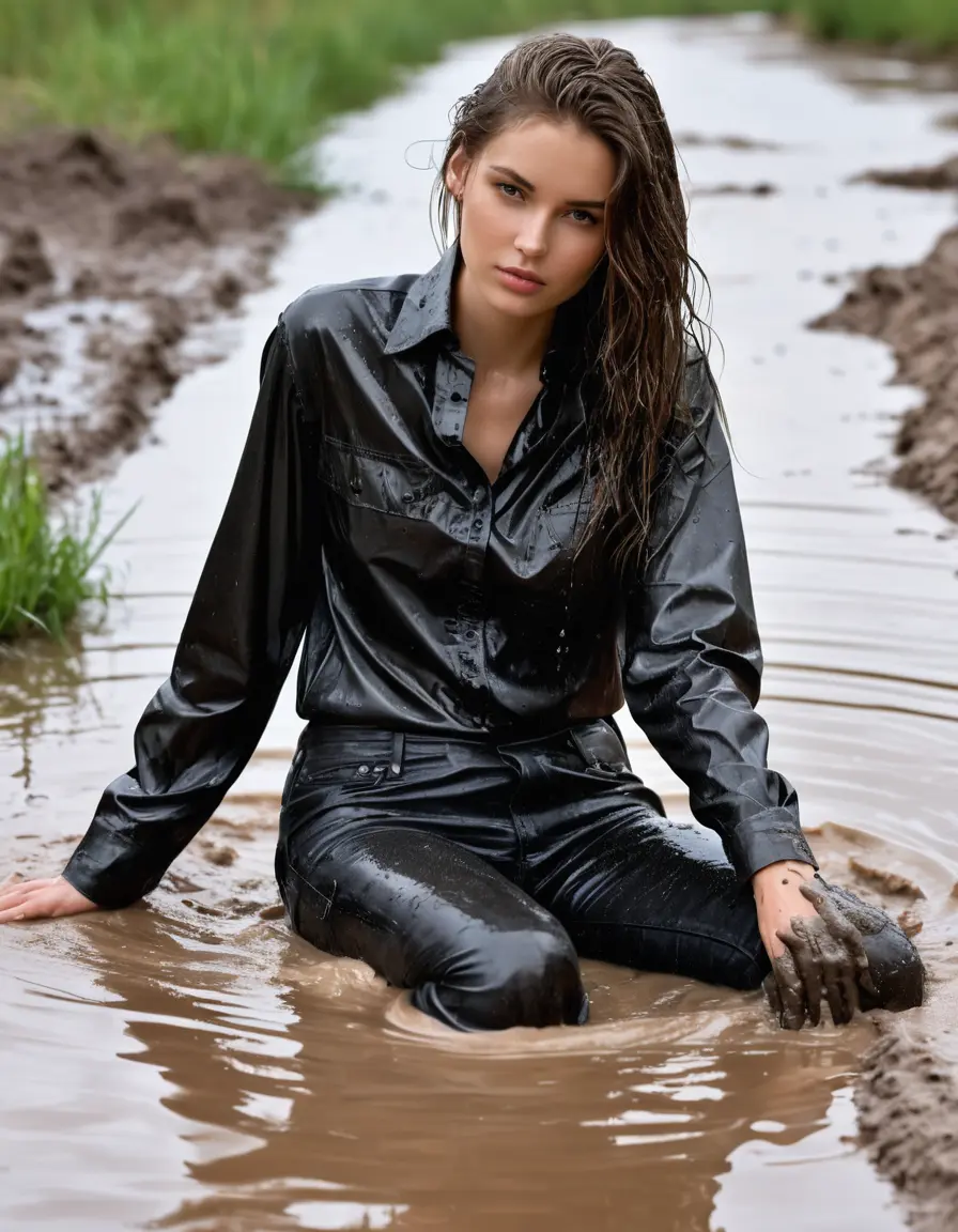 photo of young woman, in soaking wet, drenched clothes,
skin tight leather boots, black leather jeans, oversize black button up silk shirt, mud canal, laying, mud stained shirt, 
enjoying, wet clothes stuck to body,
detailed textures of the wet clothes, wet face, wet plastered hair,
wet, drenched, professional, high-quality details, full body view.
sharp focus, ultra-high pixel detail, realistic, high-quality, full colors, incredibly detailed, 4k, 8k, 16k, hyper-realistic, RAW photo, masterpiece, ultra-detailed, professionally color graded, professional photograph