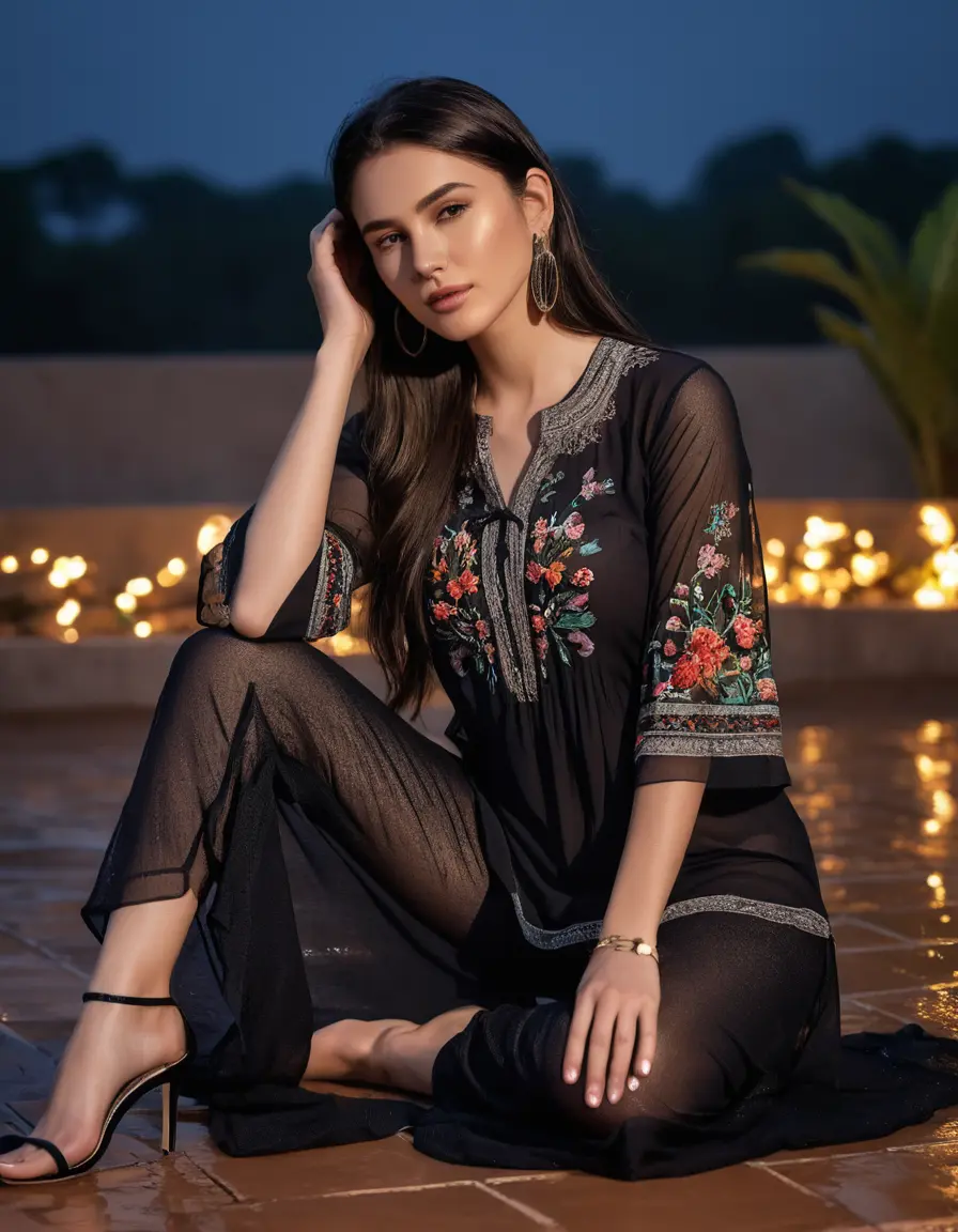 photo of young woman, in soaking wet, drenched clothes,
Very High heels, Chiffon Pants, Skin tight Cotton round neck open kurti with embroidery designs, half sleeve, transparent , ,Women lay flat down in luxury terrace with ambient and mood lights,super close up, 
enjoying, wet clothes stuck to body,
detailed textures of the wet clothes, wet face, wet plastered hair,
wet, drenched, professional, high-quality details, full body view.
sharp focus, ultra-high pixel detail, realistic, high-quality, full colors, incredibly detailed, 4k, 8k, 16k, hyper-realistic, RAW photo, masterpiece, ultra-detailed, professionally color graded, professional photograph,  Stylish Straight open hairstyle , fully dark  , black straight hair, campfire , huge thick ass, clevage , thin chain on neck, no hair part, wearing a simple wrist watch 
