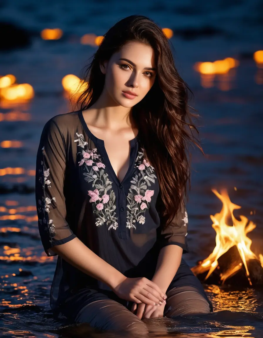 photo of young woman, in soaking wet, drenched clothes,
Very High heels, Chiffon Pants, Skin tight Cotton round neck open kurti with embroidery designs, half sleeve, transparent , ,Women in luxury sea with ambient and mood lights,super close up, 
enjoying, wet clothes stuck to body,
detailed textures of the wet clothes, wet face, wet plastered hair,
wet, drenched, professional, high-quality details, full body view.
sharp focus, ultra-high pixel detail, realistic, high-quality, full colors, incredibly detailed, 4k, 8k, 16k, hyper-realistic, RAW photo, masterpiece, ultra-detailed, professionally color graded, professional photograph,  Stylish Straight open hairstyle , fully dark  , black straight hair, campfire , huge thick ass, clevage , thin chain on neck, no hair part, wearing a simple wrist watch 
