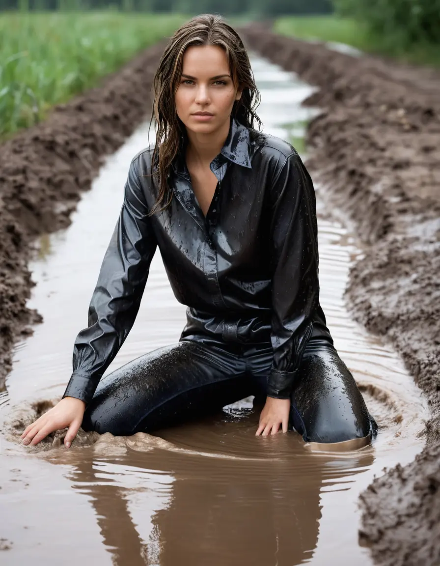 photo of young woman, in soaking wet, drenched clothes,
skin tight leather boots, black leather jeans, oversize black button up silk shirt, mud canal, laying, mud stained shirt, 
enjoying, wet clothes stuck to body,
detailed textures of the wet clothes, wet face, wet plastered hair,
wet, drenched, professional, high-quality details, full body view.
sharp focus, ultra-high pixel detail, realistic, high-quality, full colors, incredibly detailed, 4k, 8k, 16k, hyper-realistic, RAW photo, masterpiece, ultra-detailed, professionally color graded, professional photograph
