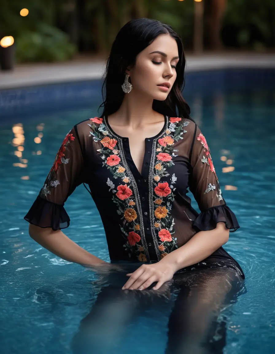 photo of young woman, in soaking wet, drenched clothes,
Very High heels, Chiffon Pants, Skin tight Cotton round neck open kurti with embroidery designs, half sleeve, transparent , ,Women sleep flat down in luxury pool with ambient and mood lights,super close up, 
enjoying, wet clothes stuck to body,
detailed textures of the wet clothes, wet face, wet plastered hair,
wet, drenched, professional, high-quality details, full body view.
sharp focus, ultra-high pixel detail, realistic, high-quality, full colors, incredibly detailed, 4k, 8k, 16k, hyper-realistic, RAW photo, masterpiece, ultra-detailed, professionally color graded, professional photograph,  Stylish Straight open hairstyle , fully dark  , black straight hair, campfire , huge thick ass, clevage , thin chain on neck, no hair part, wearing a simple wrist watch 
