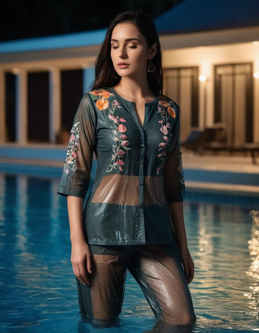 photo of young woman, in soaking wet, drenched clothes,
Very High heels, Jute Pants, Skin tight Cotton round neck open kurti with embroidery designs, half sleeve, transparent , ,Women sleep flat down in luxury pool with ambient and mood lights,super close up, 
enjoying, wet clothes stuck to body,
detailed textures of the wet clothes, wet face, wet plastered hair,
wet, drenched, professional, high-quality details, full body view.
sharp focus, ultra-high pixel detail, realistic, high-quality, full colors, incredibly detailed, 4k, 8k, 16k, hyper-realistic, RAW photo, masterpiece, ultra-detailed, professionally color graded, professional photograph,  Stylish Straight open hairstyle , fully dark  , black straight hair, campfire , huge thick ass, clevage , thin chain on neck, no hair part, wearing a simple wrist watch 
