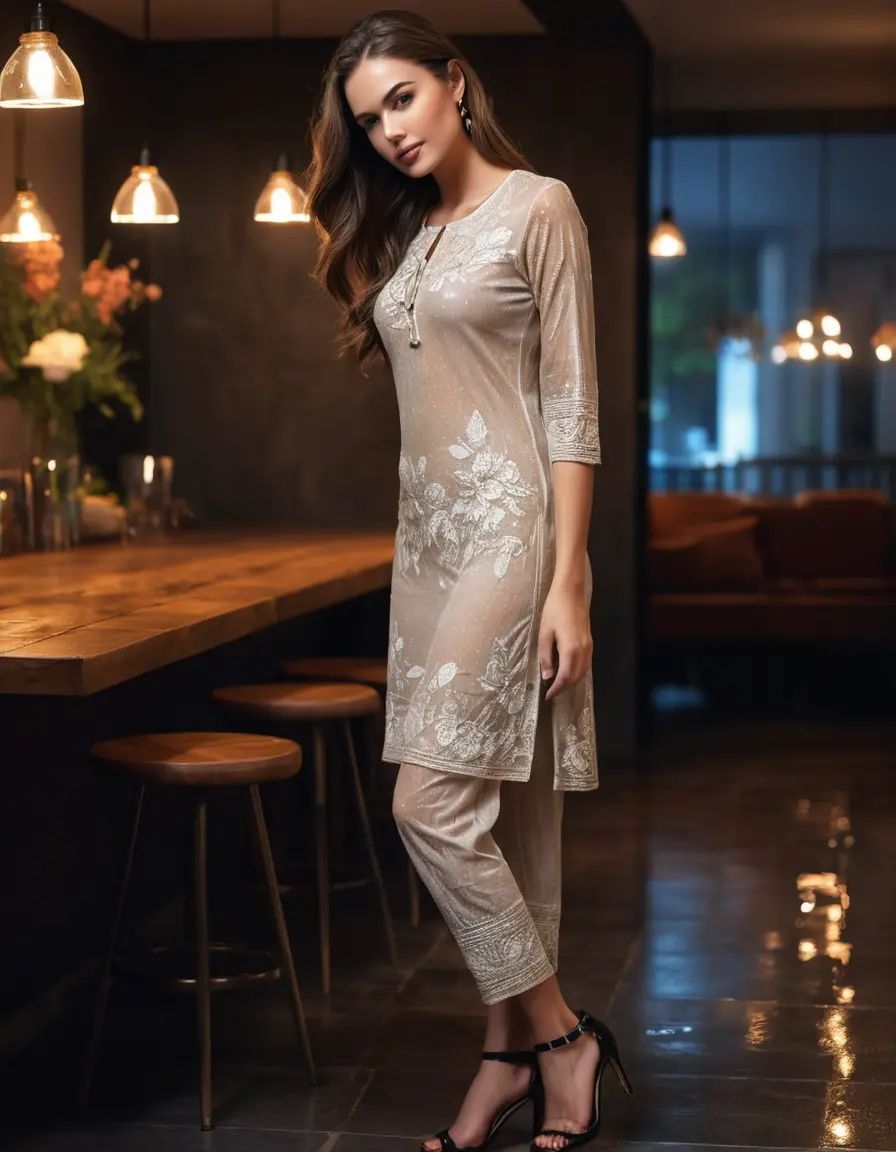 photo of young woman, in soaking wet, drenched clothes,
Very High heels, Jute Pants, Skin tight Cotton round neck  kurta with embroidery designs, half sleeve, transparent , ,Women in luxury restaurant with ambient and mood lights,super close up, women seducing each other , 
enjoying, wet clothes stuck to body,
detailed textures of the wet clothes, wet face, wet plastered hair,
wet, drenched, professional, high-quality details, full body view.
sharp focus, ultra-high pixel detail, realistic, high-quality, full colors, incredibly detailed, 4k, 8k, 16k, hyper-realistic, RAW photo, masterpiece, ultra-detailed, professionally color graded, professional photograph,  Stylish Straight open hairstyle , fully dark  , black straight hair, campfire , huge thick ass, clevage , thin chain on neck, no hair part, wearing a simple wrist watch , jumping 
