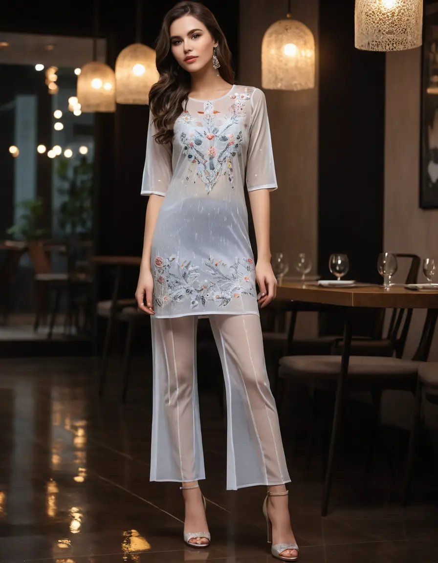 photo of young woman, in soaking wet, drenched clothes,
Very High heels, Chiffon Pants, Skin tight Cotton round neck torn kurti with embroidery designs, half sleeve, transparent , ,Women in luxury restaurant with ambient and mood lights,super close up, women seducing each other , 
enjoying, wet clothes stuck to body,
detailed textures of the wet clothes, wet face, wet plastered hair,
wet, drenched, professional, high-quality details, full body view.
sharp focus, ultra-high pixel detail, realistic, high-quality, full colors, incredibly detailed, 4k, 8k, 16k, hyper-realistic, RAW photo, masterpiece, ultra-detailed, professionally color graded, professional photograph,  Stylish Straight open hairstyle , fully dark  , black straight hair, campfire , huge thick ass, clevage , thin chain on neck, no hair part, wearing a simple wrist watch , jumping 
