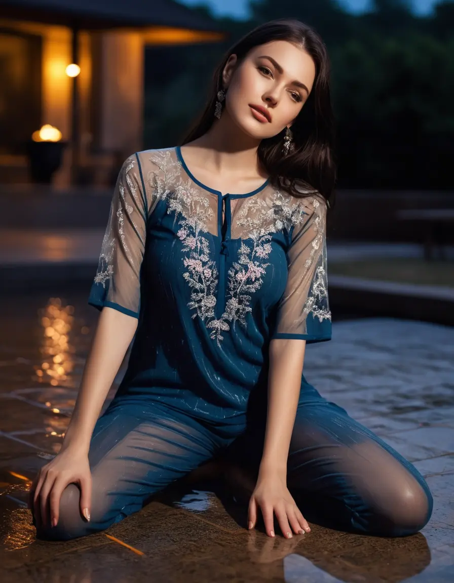 photo of young woman, in soaking wet, drenched clothes,
Very High heels, Chiffon Pants, Skin tight Cotton round neck open kurti with embroidery designs, half sleeve, transparent , ,Women lay flat down in luxury terrace with ambient and mood lights,super close up, 
enjoying, wet clothes stuck to body,
detailed textures of the wet clothes, wet face, wet plastered hair,
wet, drenched, professional, high-quality details, full body view.
sharp focus, ultra-high pixel detail, realistic, high-quality, full colors, incredibly detailed, 4k, 8k, 16k, hyper-realistic, RAW photo, masterpiece, ultra-detailed, professionally color graded, professional photograph,  Stylish Straight open hairstyle , fully dark  , black straight hair, campfire , huge thick ass, clevage , thin chain on neck, no hair part, wearing a simple wrist watch 
