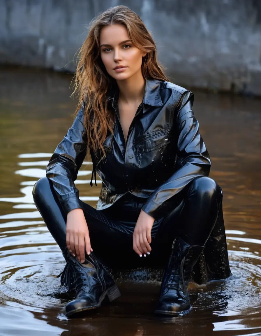 photo of young woman, in soaking wet, drenched clothes,
skin tight leather boots, black leather jeans, oversize black button up silk shirt and black leather bikers jacket, sitting with spreaded legs, 
enjoying, wet clothes stuck to body,
detailed textures of the wet clothes, wet face, wet plastered hair,
wet, drenched, professional, high-quality details, full body view.
sharp focus, ultra-high pixel detail, realistic, high-quality, full colors, incredibly detailed, 4k, 8k, 16k, hyper-realistic, RAW photo, masterpiece, ultra-detailed, professionally color graded, professional photograph