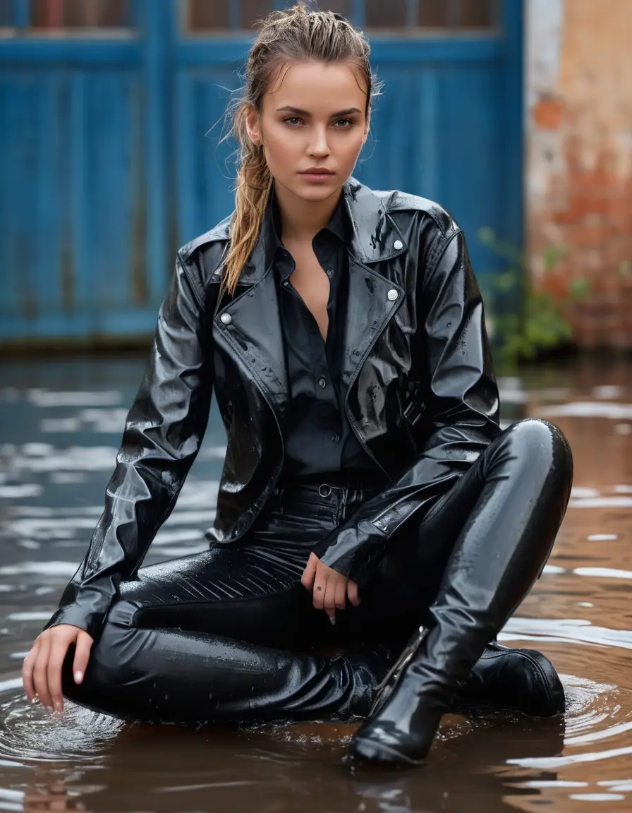photo of young woman, in soaking wet, drenched clothes,
skin tight leather boots, black leather jeans, oversize black button up silk shirt and black leather bikers jacket, sitting with spreaded legs, 
enjoying, wet clothes stuck to body,
detailed textures of the wet clothes, wet face, wet plastered hair,
wet, drenched, professional, high-quality details, full body view.
sharp focus, ultra-high pixel detail, realistic, high-quality, full colors, incredibly detailed, 4k, 8k, 16k, hyper-realistic, RAW photo, masterpiece, ultra-detailed, professionally color graded, professional photograph