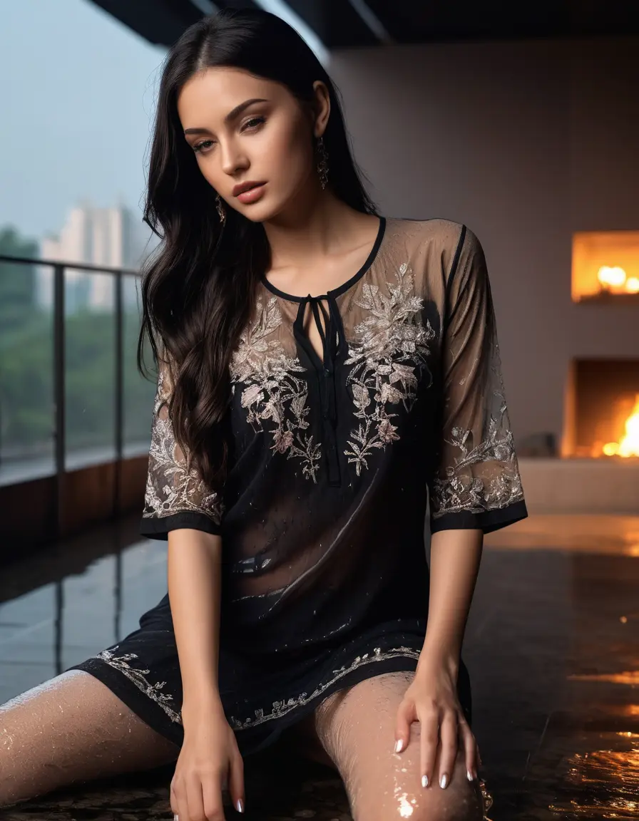 photo of young woman, in soaking wet, drenched clothes,
Very High heels, Chiffon Pants, Skin tight Cotton round neck open kurti with embroidery designs, half sleeve, transparent , ,Women lay flat down in luxury terrace with ambient and mood lights,super close up, 
enjoying, wet clothes stuck to body,
detailed textures of the wet clothes, wet face, wet plastered hair,
wet, drenched, professional, high-quality details, full body view.
sharp focus, ultra-high pixel detail, realistic, high-quality, full colors, incredibly detailed, 4k, 8k, 16k, hyper-realistic, RAW photo, masterpiece, ultra-detailed, professionally color graded, professional photograph,  Stylish Straight open hairstyle , fully dark  , black straight hair, campfire , huge thick ass, clevage , thin chain on neck, no hair part, wearing a simple wrist watch 
