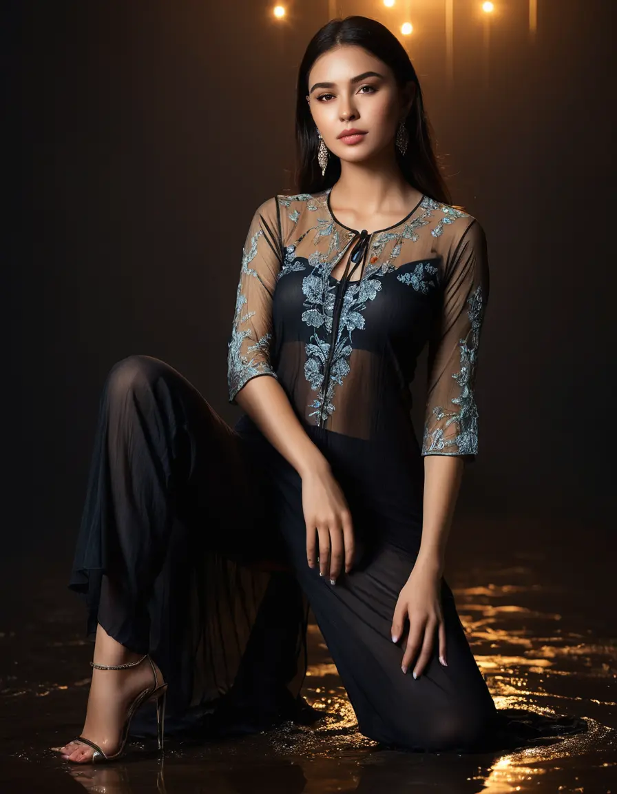 photo of young woman, in soaking wet, drenched clothes,
Very High heels, Chiffon Pants, Skin tight Cotton round neck open kurti with embroidery designs, half sleeve, transparent , ,Women in luxury ballroom with ambient and mood lights,super close up, 
enjoying, wet clothes stuck to body,
detailed textures of the wet clothes, wet face, wet plastered hair,
wet, drenched, professional, high-quality details, full body view.
sharp focus, ultra-high pixel detail, realistic, high-quality, full colors, incredibly detailed, 4k, 8k, 16k, hyper-realistic, RAW photo, masterpiece, ultra-detailed, professionally color graded, professional photograph,  Stylish Straight open hairstyle , fully dark  , black straight hair, campfire , huge thick ass, clevage , thin chain on neck, no hair part, wearing a simple wrist watch 
