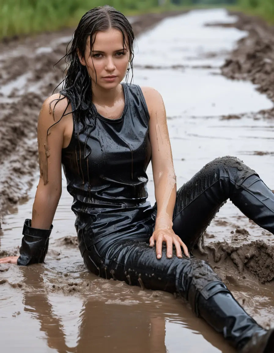 photo of young woman, in soaking wet, drenched clothes,
skin tight leather boots, black leather jeans, black latex tank top , mud canal, laying, mud stained shirt, 
enjoying, wet clothes stuck to body,
detailed textures of the wet clothes, wet face, wet plastered hair,
wet, drenched, professional, high-quality details, full body view.
sharp focus, ultra-high pixel detail, realistic, high-quality, full colors, incredibly detailed, 4k, 8k, 16k, hyper-realistic, RAW photo, masterpiece, ultra-detailed, professionally color graded, professional photograph