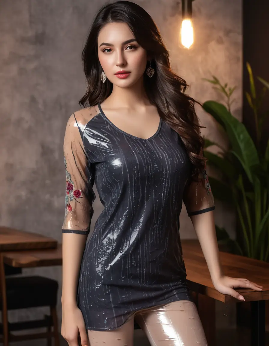 photo of young woman, in soaking wet, drenched clothes,
Very High heels, Chiffon Pants, Skin tight Cotton round neck torn kurti with embroidery designs, half sleeve, transparent , ,Women in luxury restaurant with ambient and mood lights,super close up, women seducing each other , 
enjoying, wet clothes stuck to body,
detailed textures of the wet clothes, wet face, wet plastered hair,
wet, drenched, professional, high-quality details, full body view.
sharp focus, ultra-high pixel detail, realistic, high-quality, full colors, incredibly detailed, 4k, 8k, 16k, hyper-realistic, RAW photo, masterpiece, ultra-detailed, professionally color graded, professional photograph,  Stylish Straight open hairstyle , fully dark  , black straight hair, campfire , huge thick ass, clevage , thin chain on neck, no hair part, wearing a simple wrist watch , jumping 

